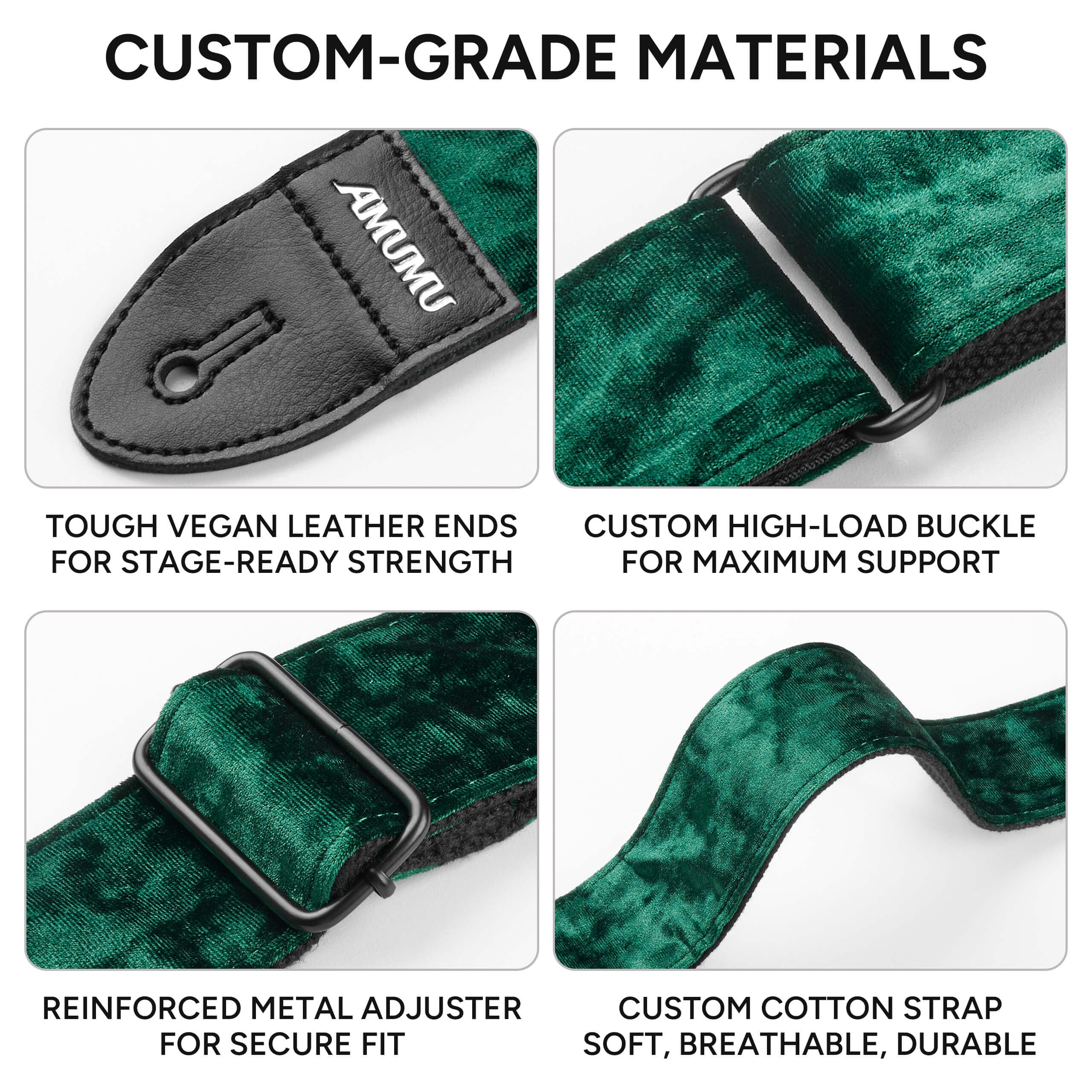 Amumu Flocked Velvet Guitar Strap with Microfiber Leather Ends – Guitar Accessories – Fits Acoustic, Bass and Electric Guitar – Green