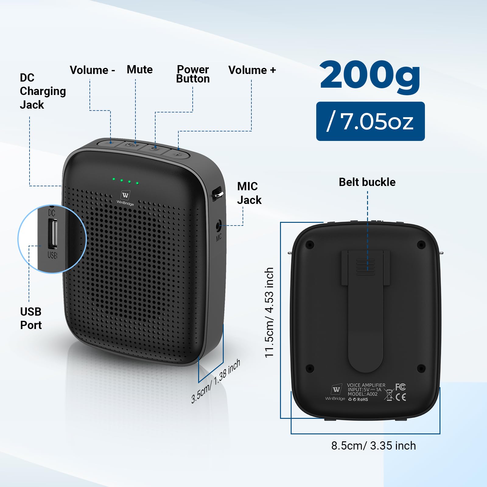 15W Wireless Voice Amplifier with Bluetooth Headset Microphone for Teachers