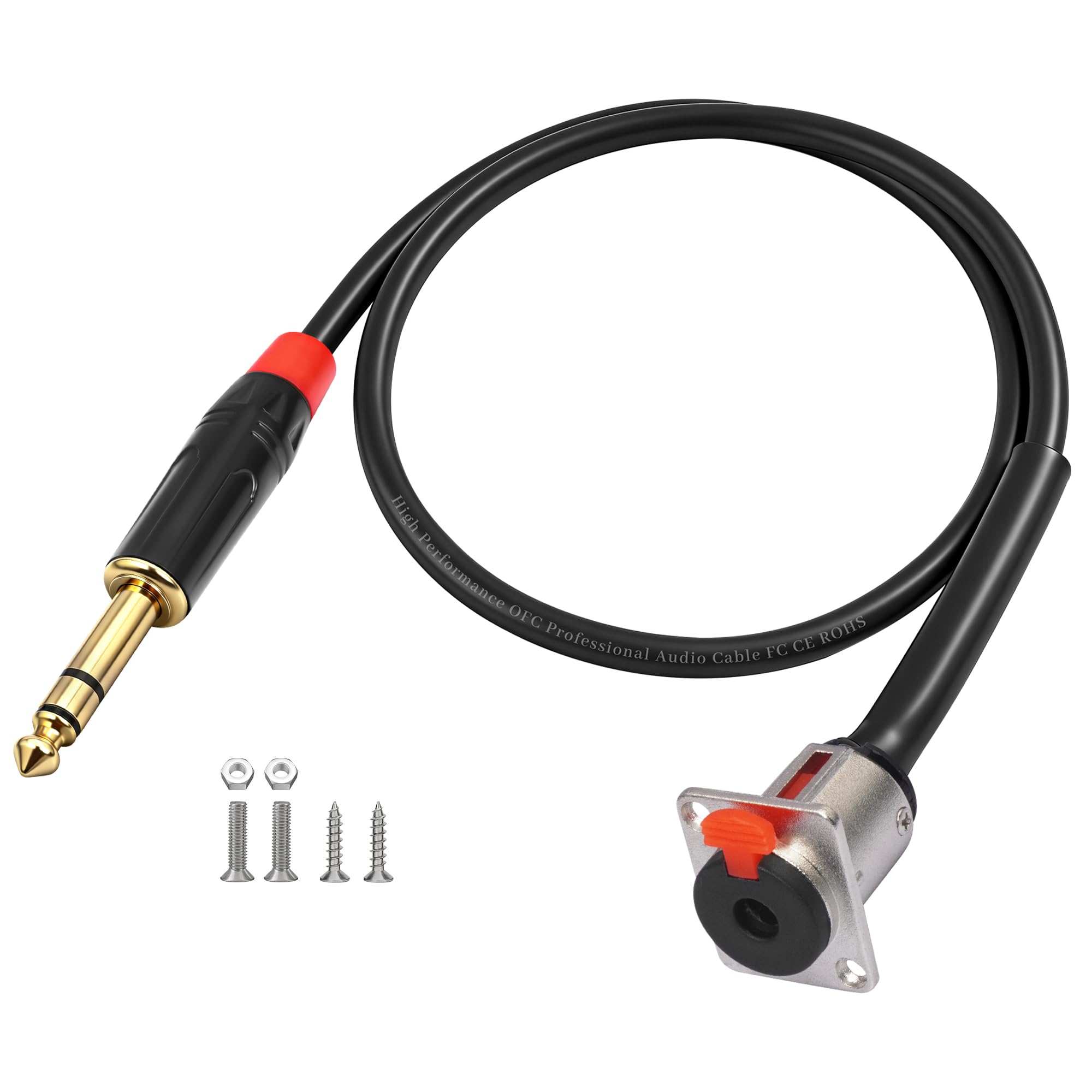 Voluty Tek 1/4″ 6.35MM Female D-Type Panel Mount to 6.35MM Male Stereo Jack Cable TRS Female Solderless Wall Plate to 1/4 Male Cable 60CM 2FT