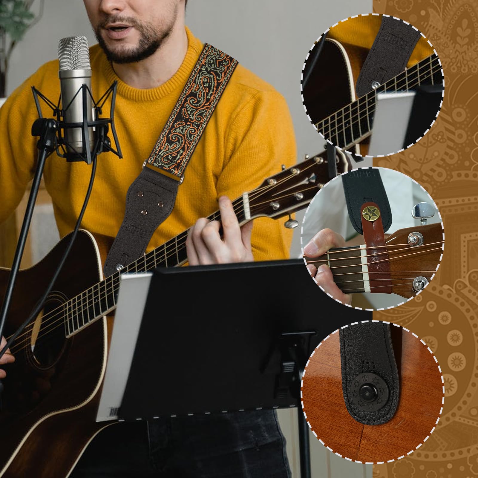 JIPIS Embroidered Cotton Guitar Strap – Adjustable Length with Anti Slip Buckles, 3 Guitar Picks (GS-08-3 Military Green Embroidery)
