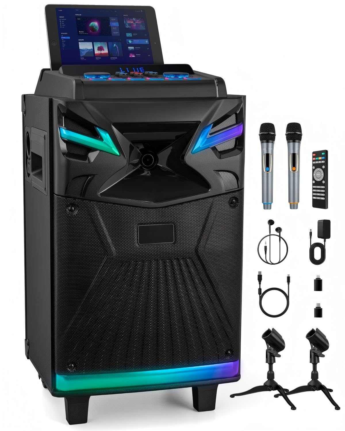 GPSK-1 DSP Bluetooth Karaoke Machine with 2 Microphones for Karaoke Parties and Live Streaming, Professional Karaoke Speaker with Digital Recording,Sound Effect,DJ Lights,FM (6.5 inch)