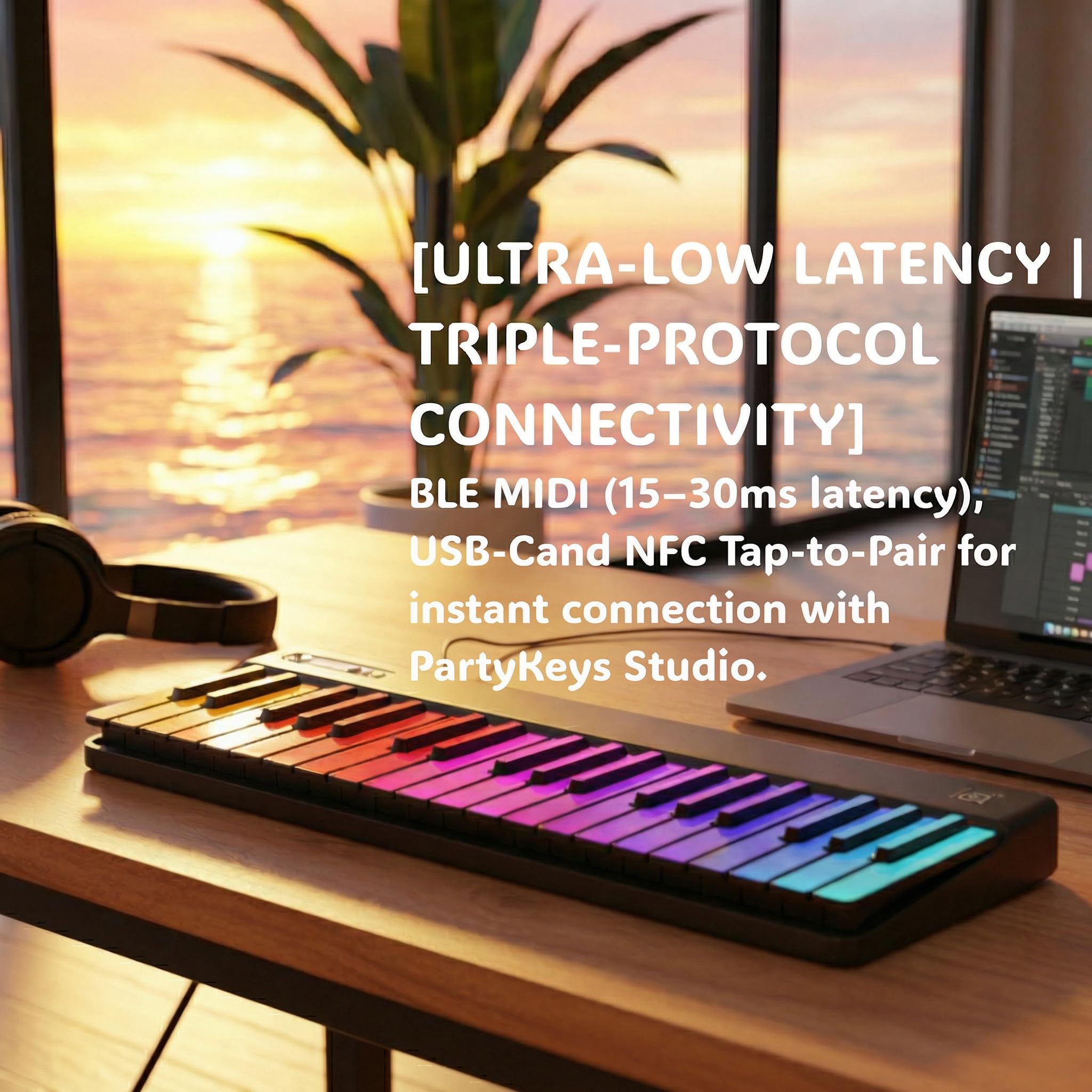 PartyKeys 36-Key Smart Piano, Portable Modular RGB MIDI Keyboard, Black