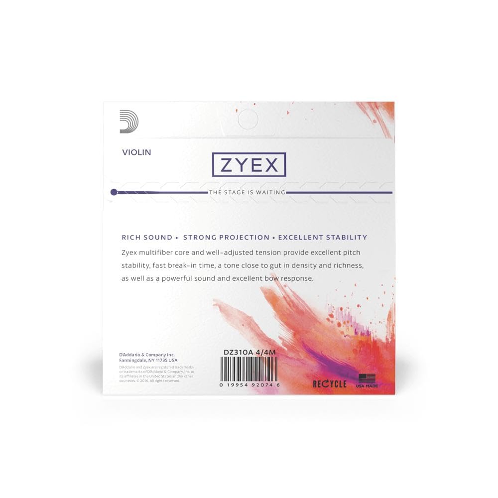 D’Addario DZ310S 4/4M Zyex Violin String Set with Silver D, 4/4 Scale, Medium Tension