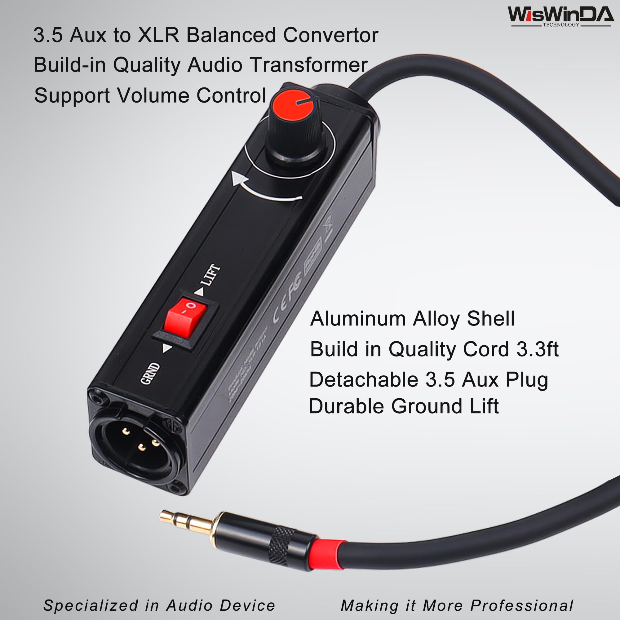 WisWinDa Pro101A AUX to XLR Isolation Box with Volume Controller and Ground Lift Switch Build-in Cord Length 3.3ft with Detachable 3.5mm Aux Gold Coating Plug (Pro 101A Aux-XLR)