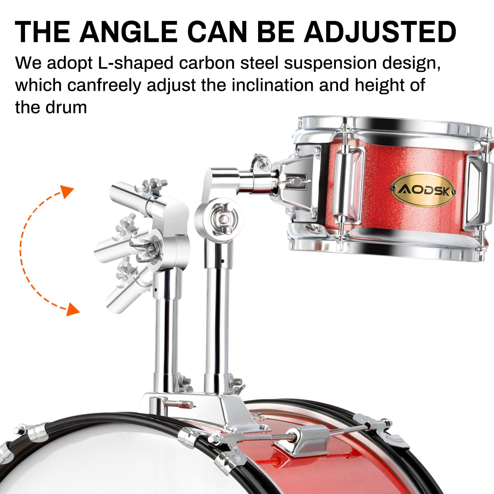 AODSK 5-Piece 14″ Junior Drum Set with Throne, Cymbal Hi-Hat+Sticks, Red