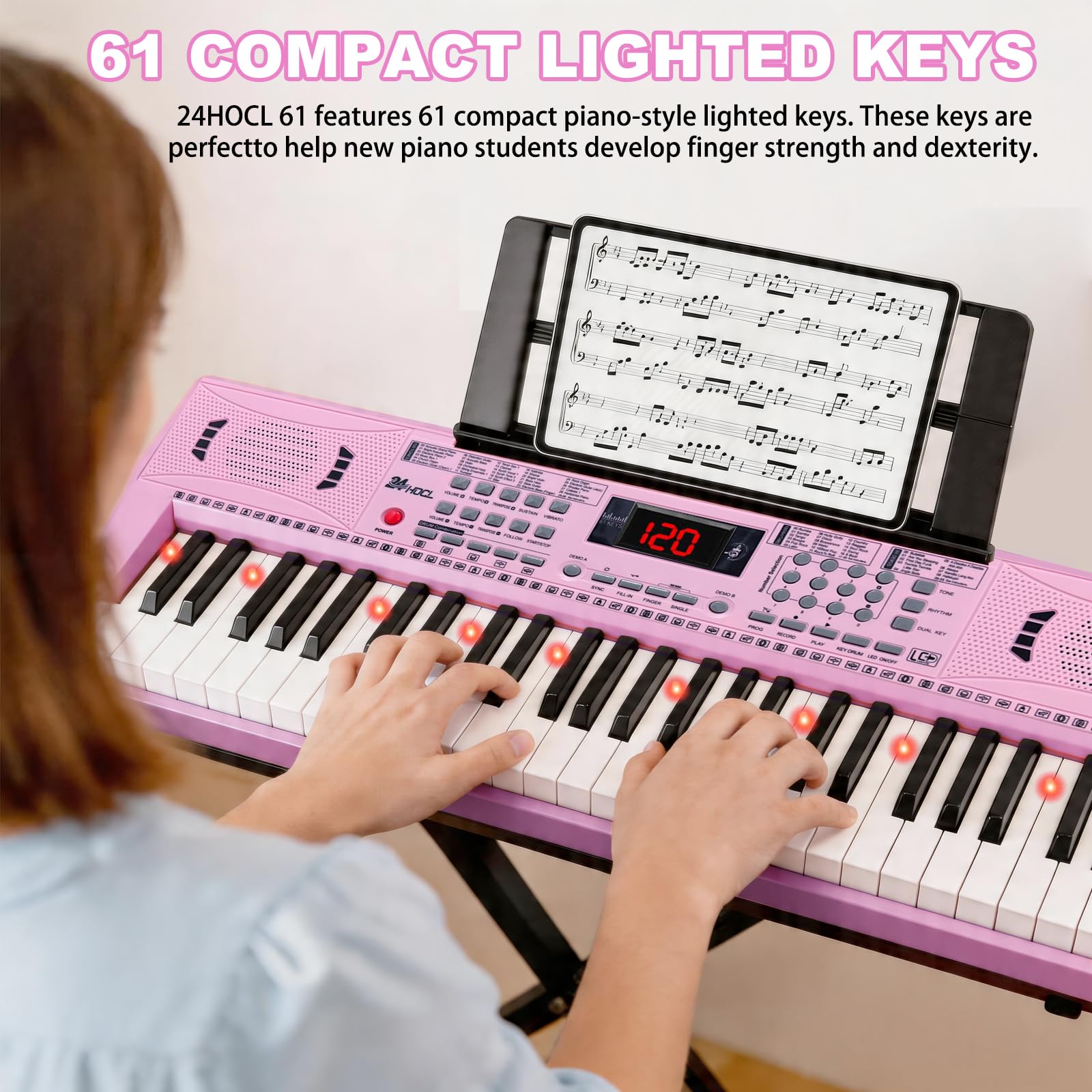Electronic Keyboard Piano 61 Lighted Keys for Kids (Pink with Stand)