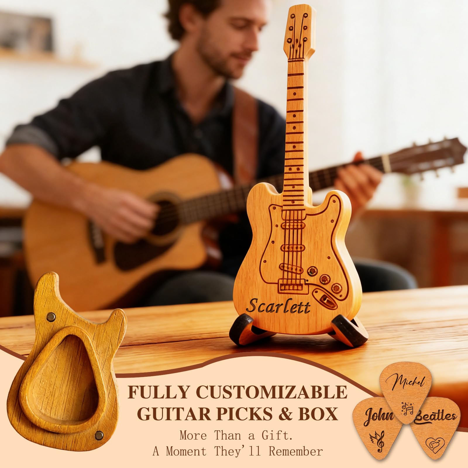 Personalized Wooden Guitar Pick Case with 3 Custom Picks