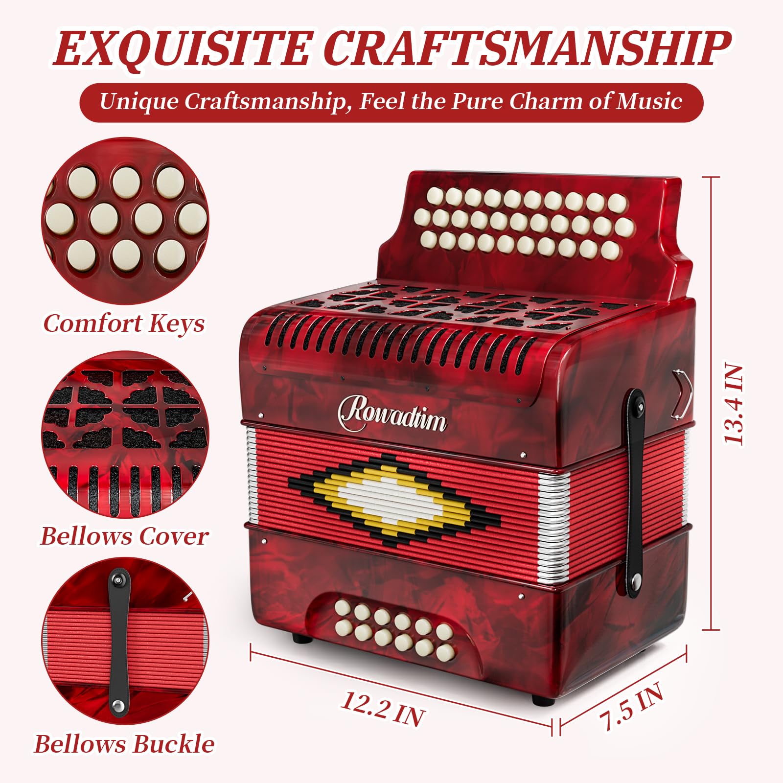 Accordions 31 Key 12 Bass Diatonic F/B/E Accordion Carry Kit (Red)