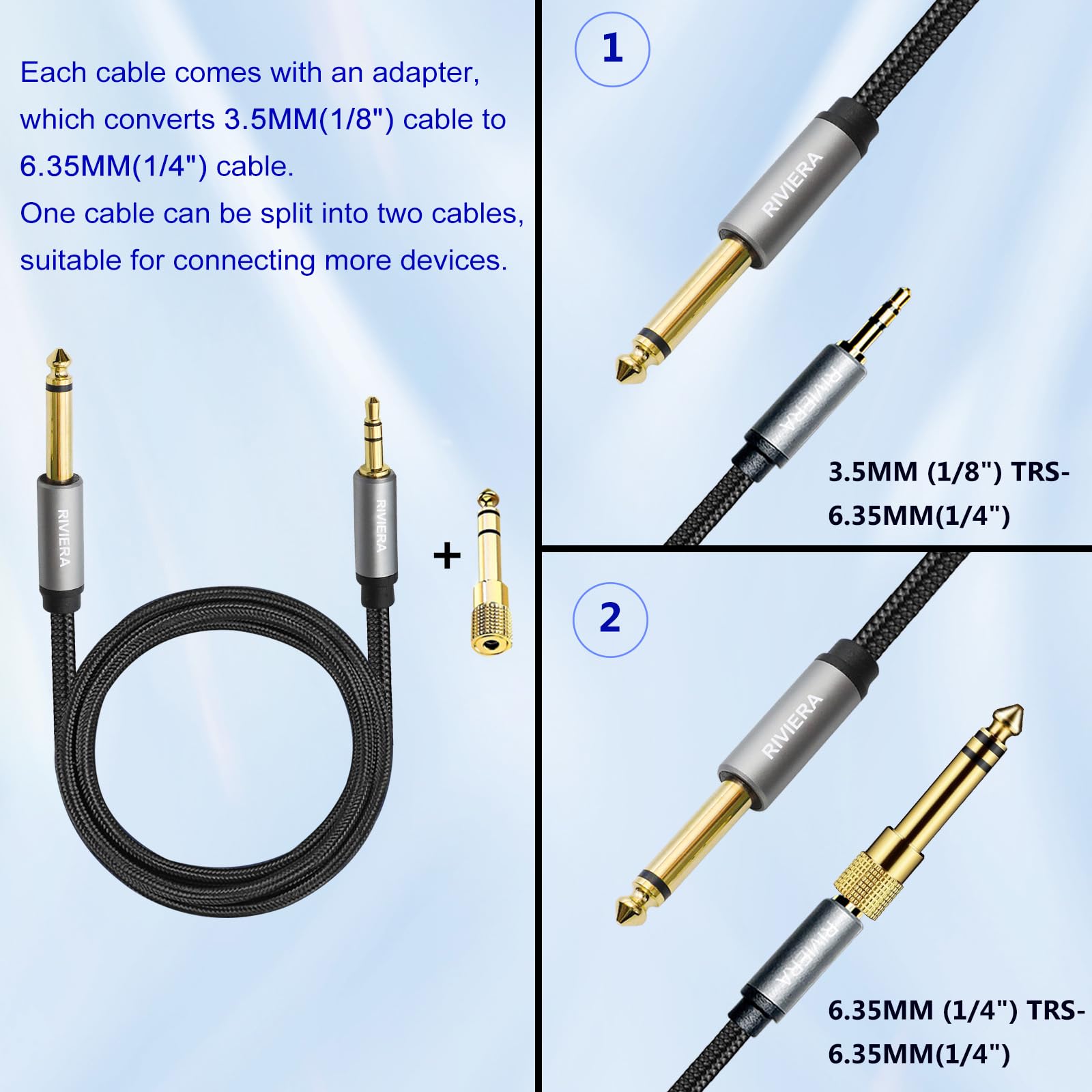 RIVIERA 6FT/1.8M Audio Cable 3.5mm 1/8″ TRS to 6.35mm 1/4″ TS Braided Sheild Pure Copper Wire and 24K Gold Plated Low Noise Cable with Braided Nylon Jacket for Digital Players & Musical Instruments