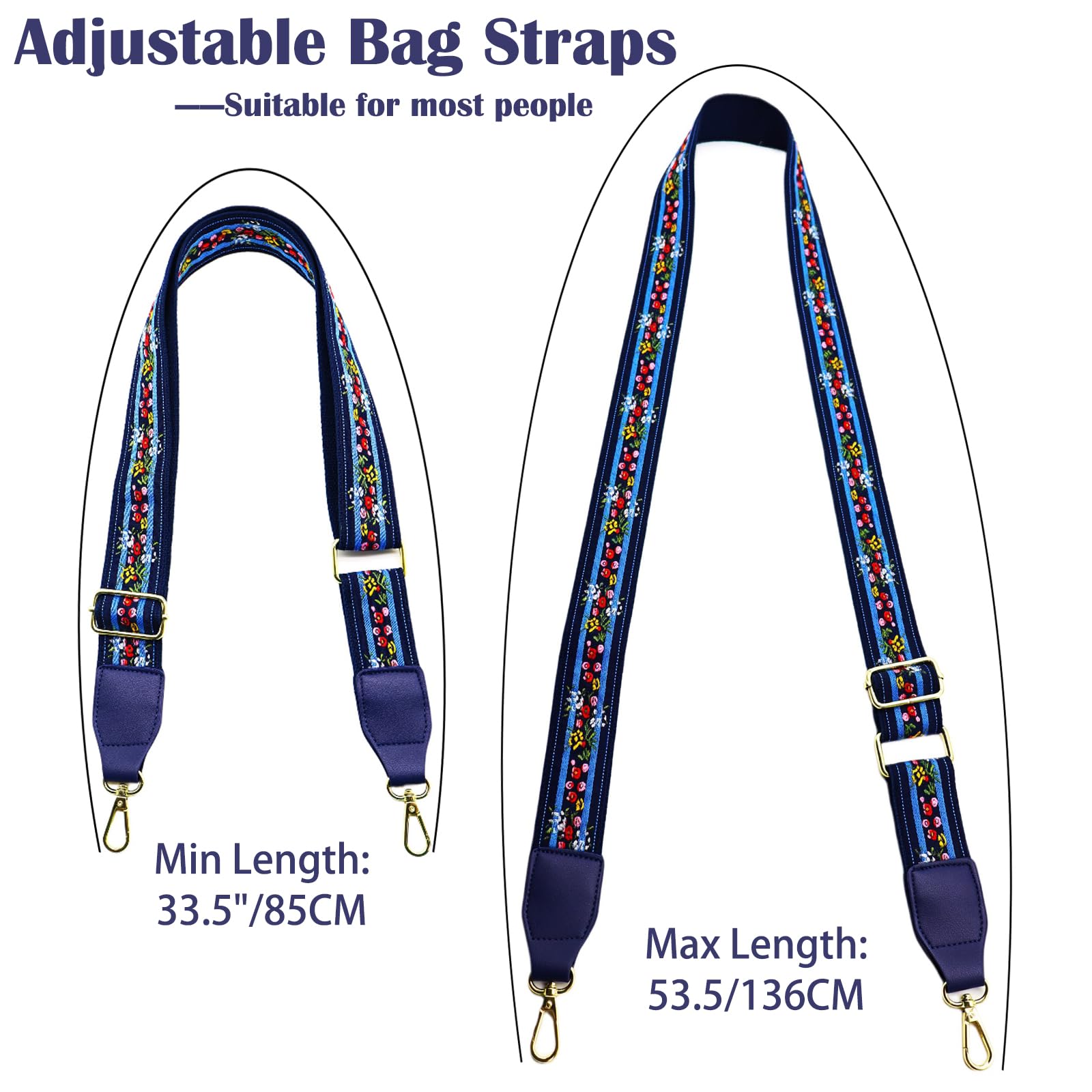 LEMEDE Adjustable Blue Purse Strap With Blue Leather End – 1.5″ Wide Handbags, Camera, Guitar, Phone & Crossbody Bag Replacement Shoulder Straps(Gold Hardware)