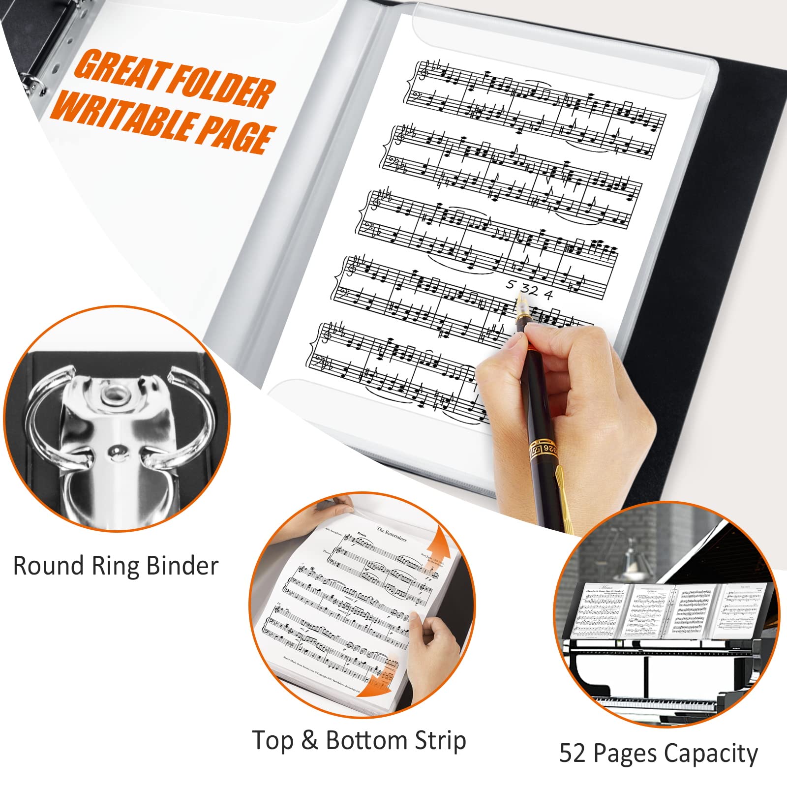 tutata Sheet Music Folder, 8.5 x 11 Music Binder, Writable Sleeves, Black