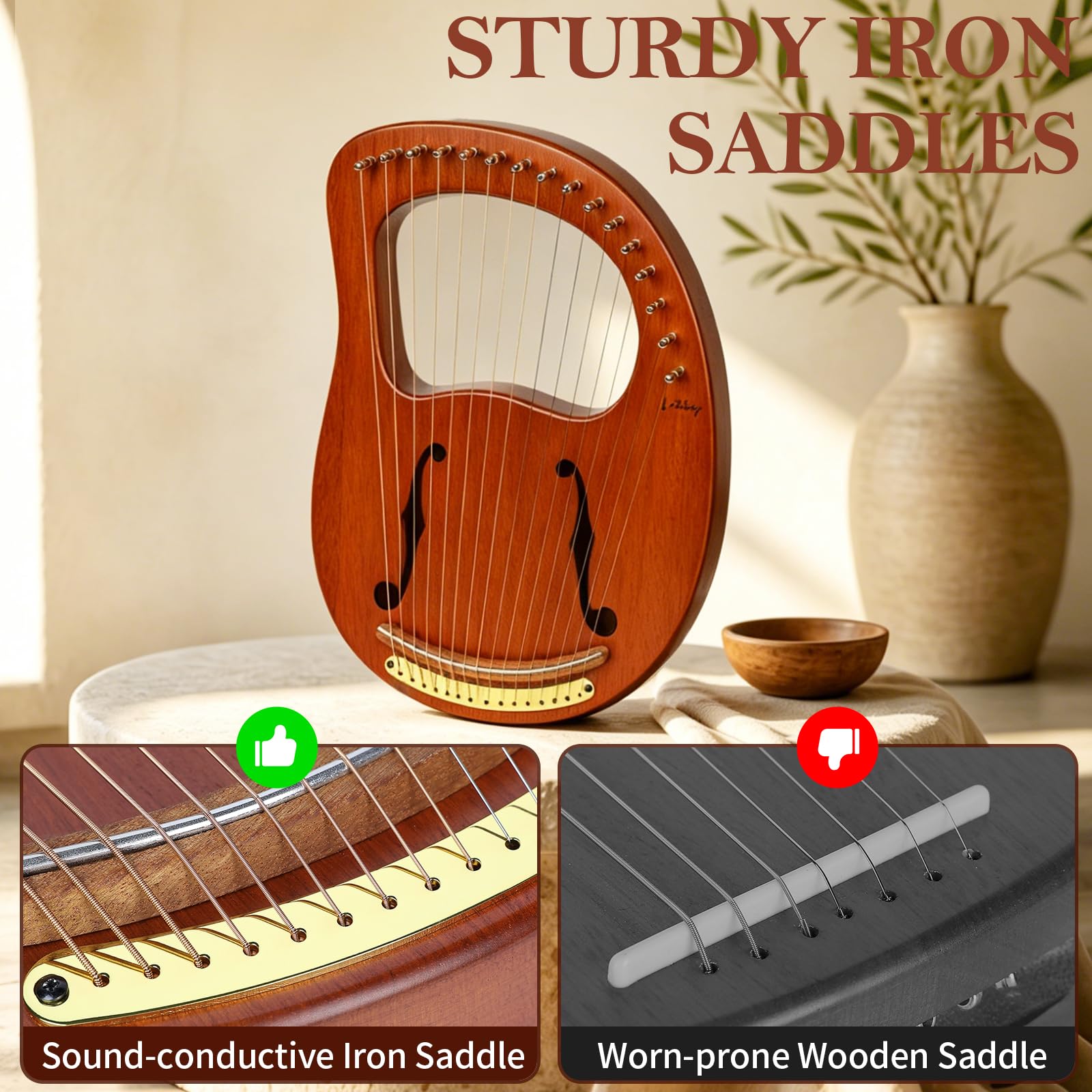 Lotkey Lyre Harp,16 Metal Strings Iron Saddle Mahogany Lyre Harp with Tunning Wrench, Extract Strings, Manual and Gig Bag