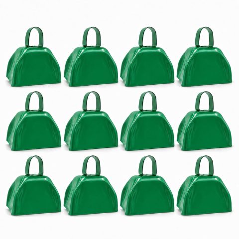 The Dreidel Company Green Metal Cowbell Noisemaker Cheering Bell, New Years, School Classroom, Wedding Bells & Chimes Percussion Musical Instruments Call Bell Alarm, 3″ (6-Pack)
