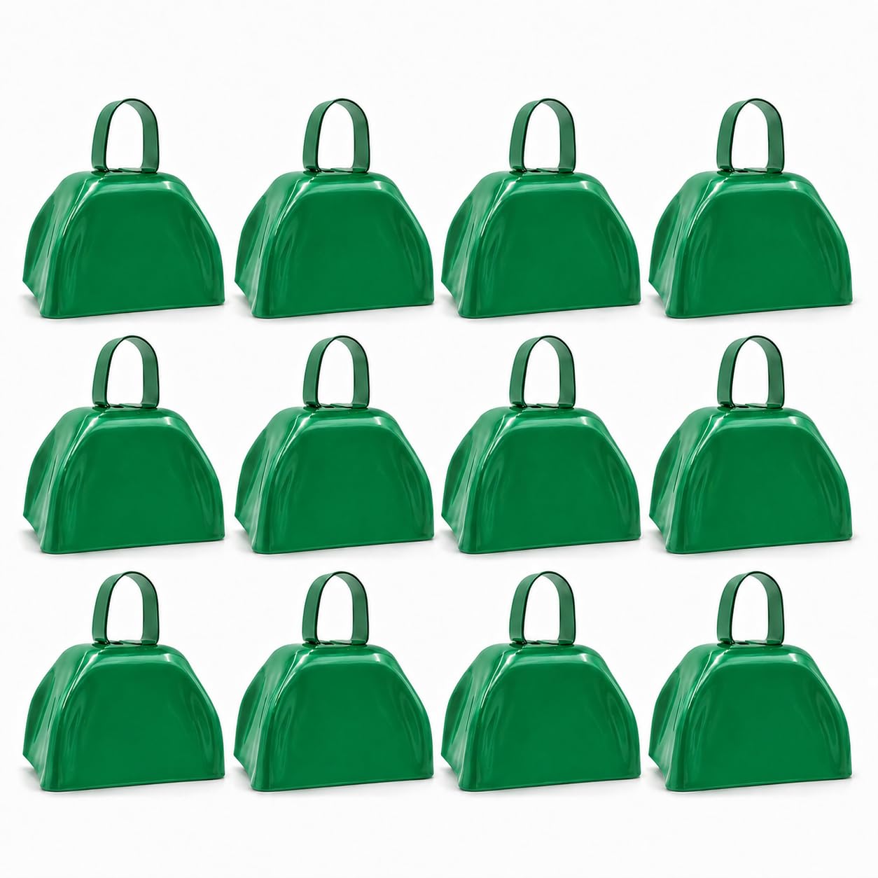 The Dreidel Company Green Metal Cowbell Noisemaker Cheering Bell, New Years, School Classroom, Wedding Bells & Chimes Percussion Musical Instruments Call Bell Alarm, 3″ (6-Pack)