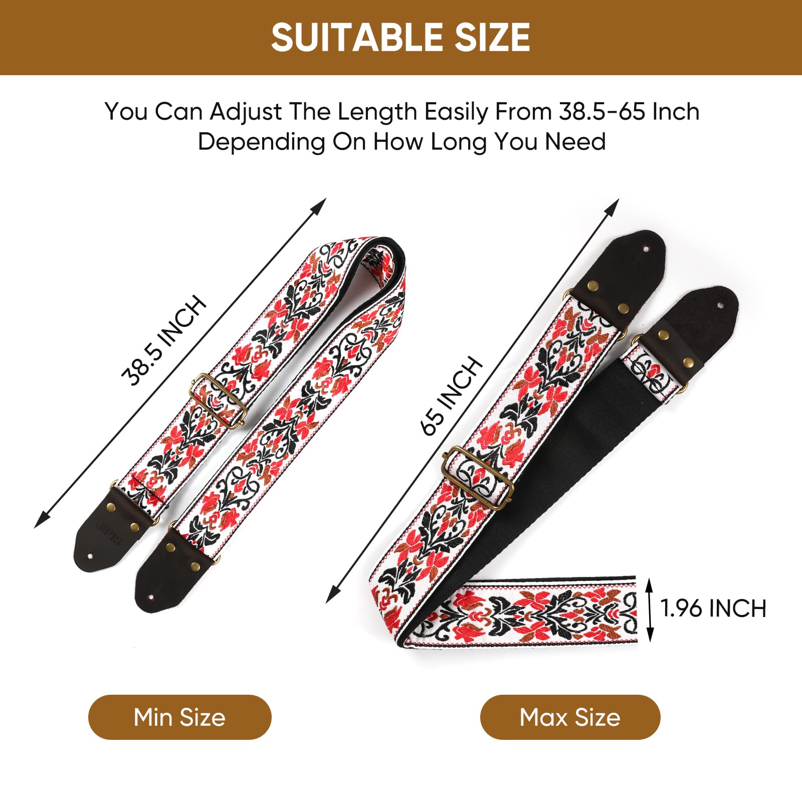 JIPIS Guitar Strap,Jacquard Cotton Guitar Straps with Real Leather Ends for Acoustic,Electric Guitars and Bass,with Free 1 Head strap, 2 Anti Slip Buckle and 3 Guitar Picks (GS-75-2 Red Jacquard)