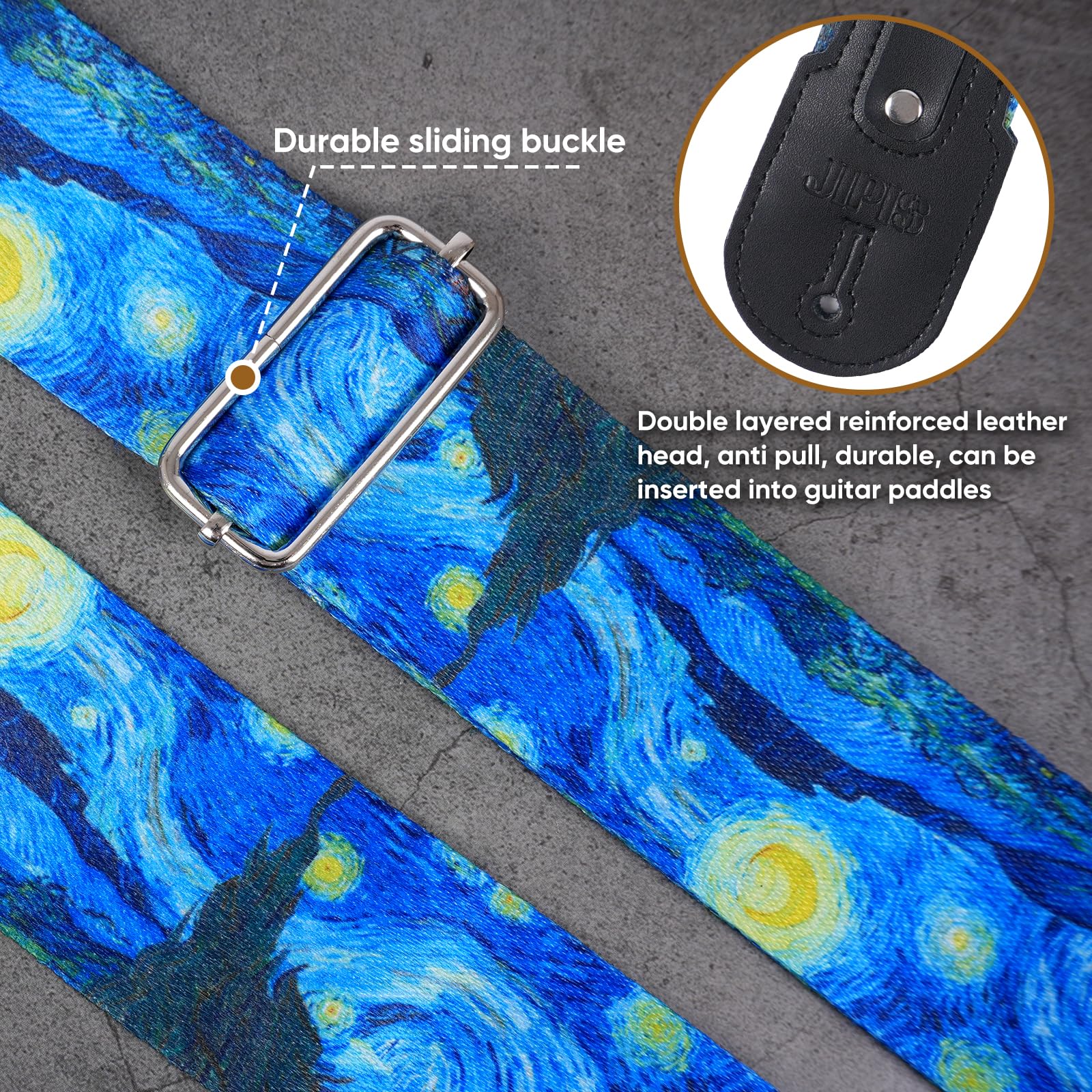 JIPIS Universal Strap for Bass,Electric & Acoustic Guitar with Creative Van Gogh Starry Sky Pattern, Include 3 Picks, 2 Locks,1 Headband Adjustable Guitar Strap for All Guitarists (GS-07 Starry sky)
