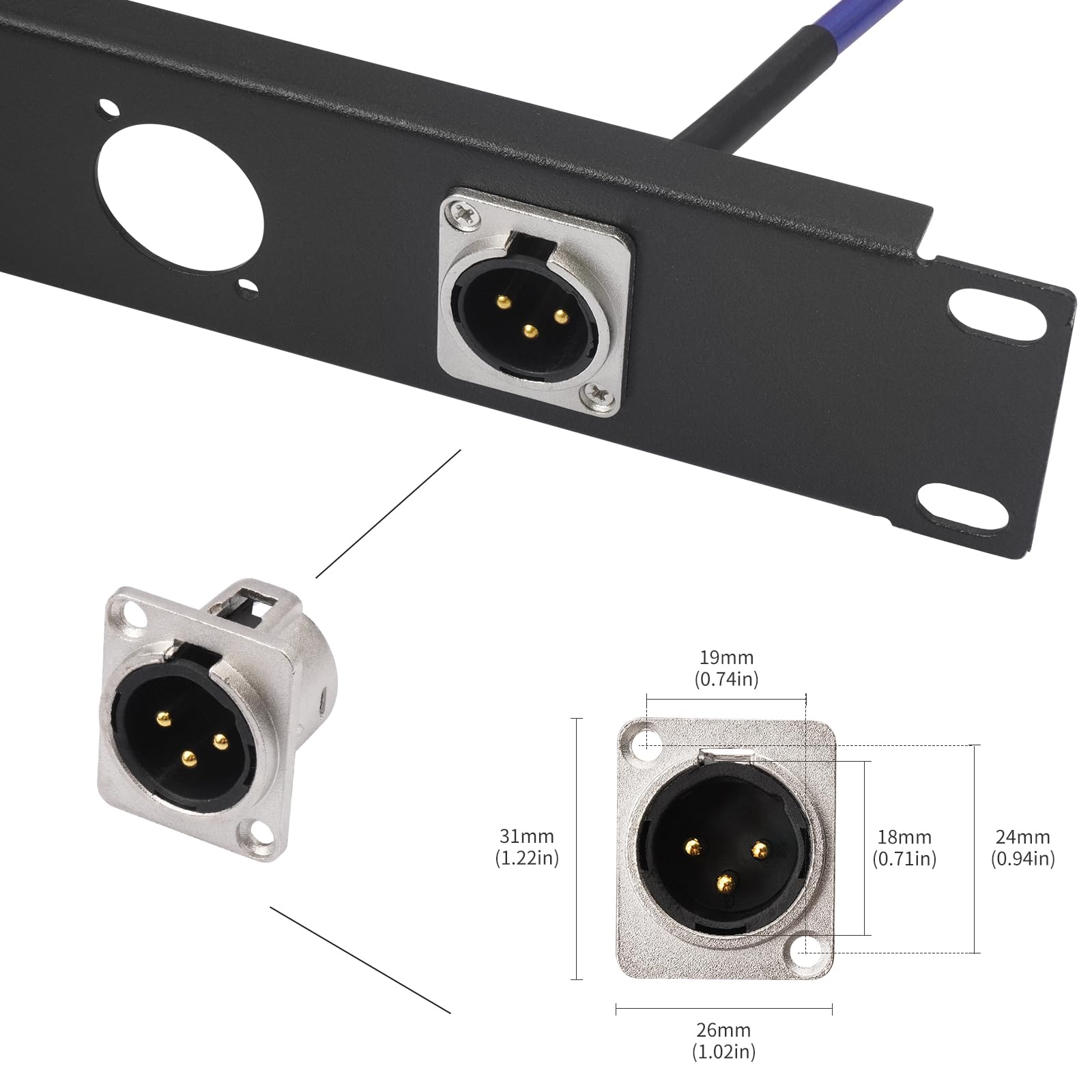 HUALEU 2FT 1/4 Female to XLR Pass Through Cable,D Type 3Pin XLR Male to 6.35mm TRS Female Patch Panel, Floor Box Audio cable-20AWG Silver-Plated Copper Conductor,Included with mounting screws-2Pack
