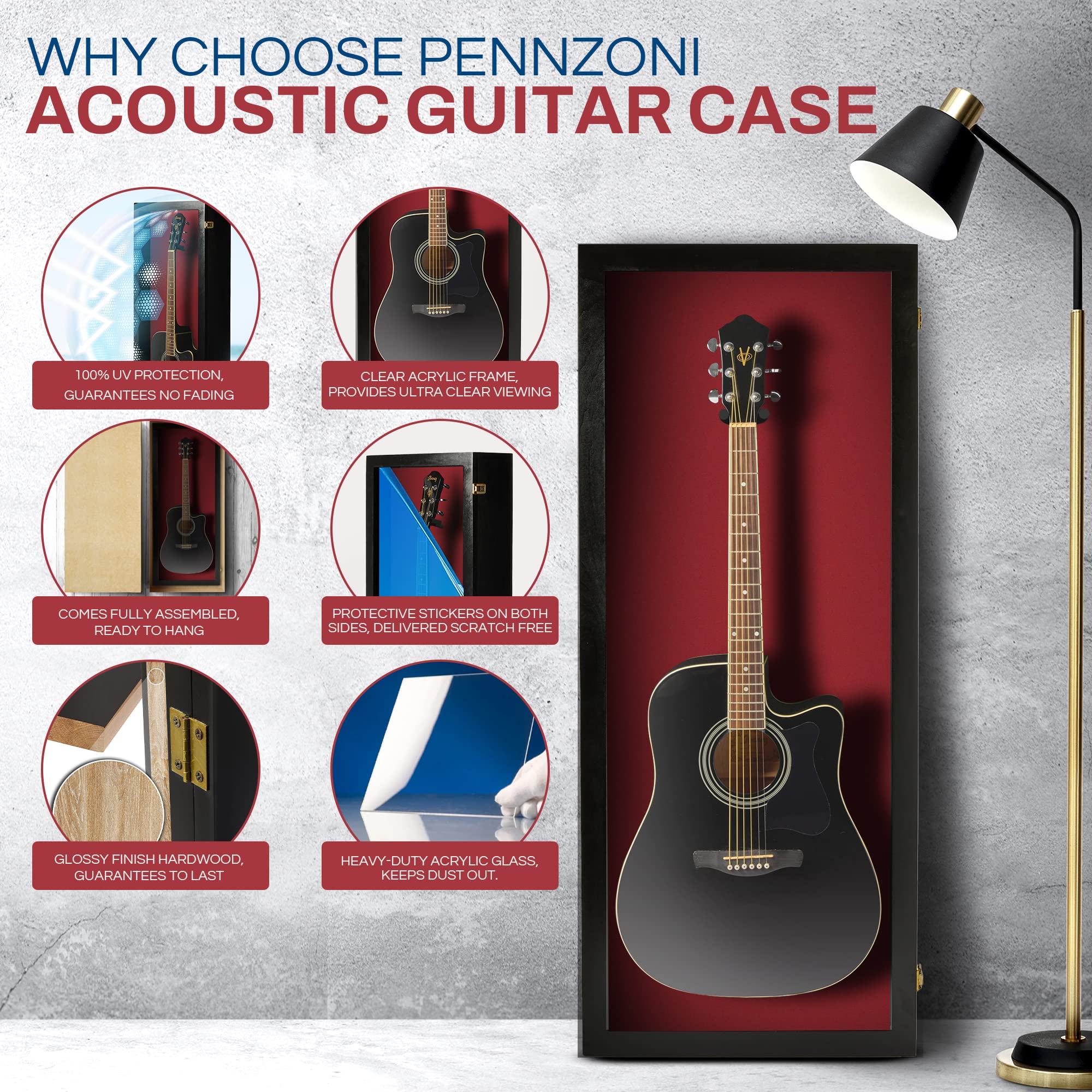 PENNZONI Acoustic Guitar Display Case – Acrylic Acoustic Guitar Case – Guitar Display Case Wall Mount Made from Hardwood Frame & Clear Acrylic – Black w/Red Felt