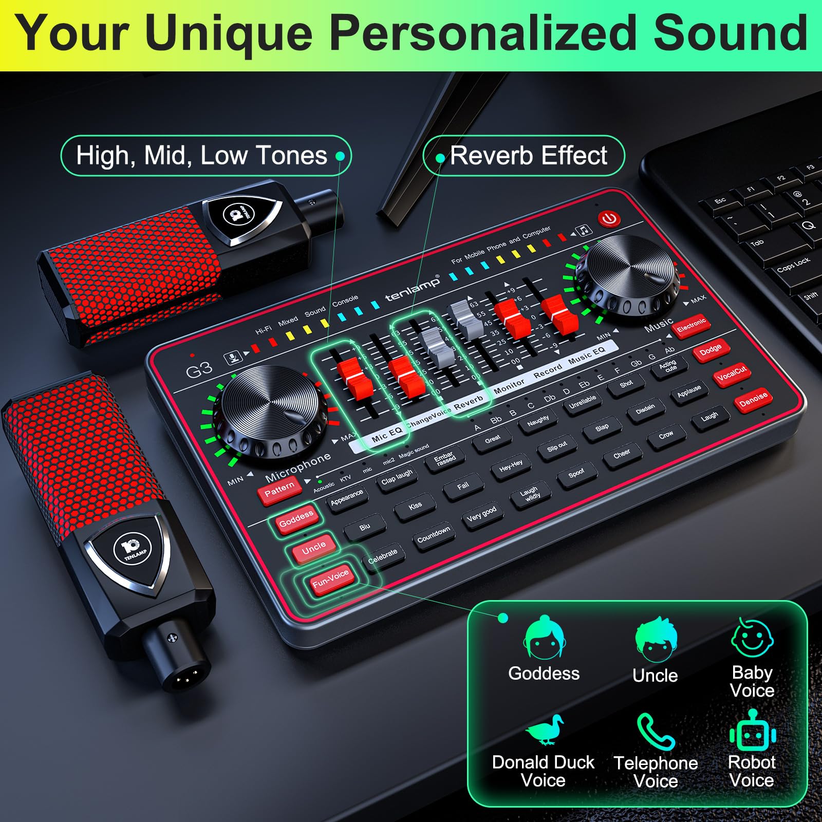 TENLAMP G3 Audio Mixer Bundle with Dual Microphones for Streaming & Karaoke