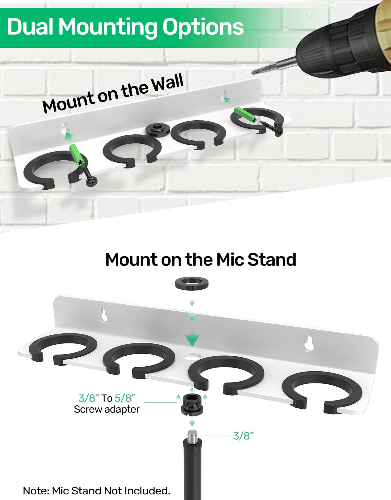 White Multi Mic Holder for Handheld Mic, Wall/Stand Mount Organizer Storage