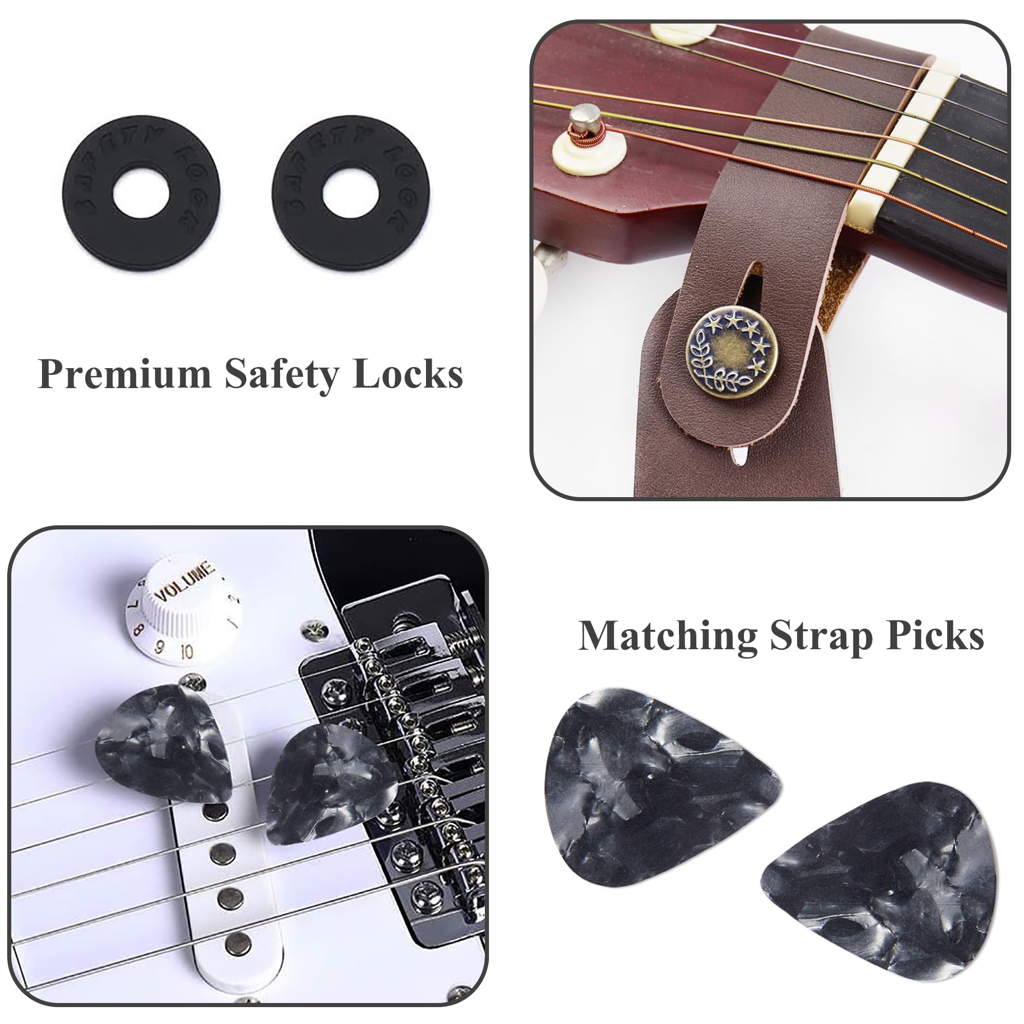 LIZIMANDU Adjustable Guitar Strap Includes 2 Strap Locks & 2 Matching Picks & 1 Picks Holder & 1 leather Strap Button(1-Carving Silver)