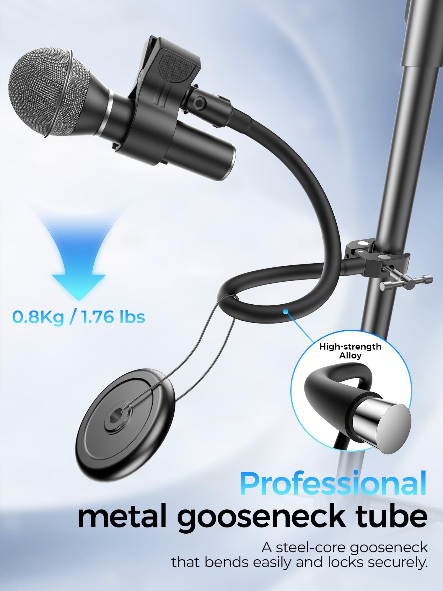 19.6″ Steel Core Flexible Gooseneck Microphone Stand with 1/4″ to 3/8″ Adapter, Mic Clip & Super Crab Clamp, Desk/Pole Mount Compatible with Shure, Fifine, AT2020, Pyle, Razer, Blue Snowball