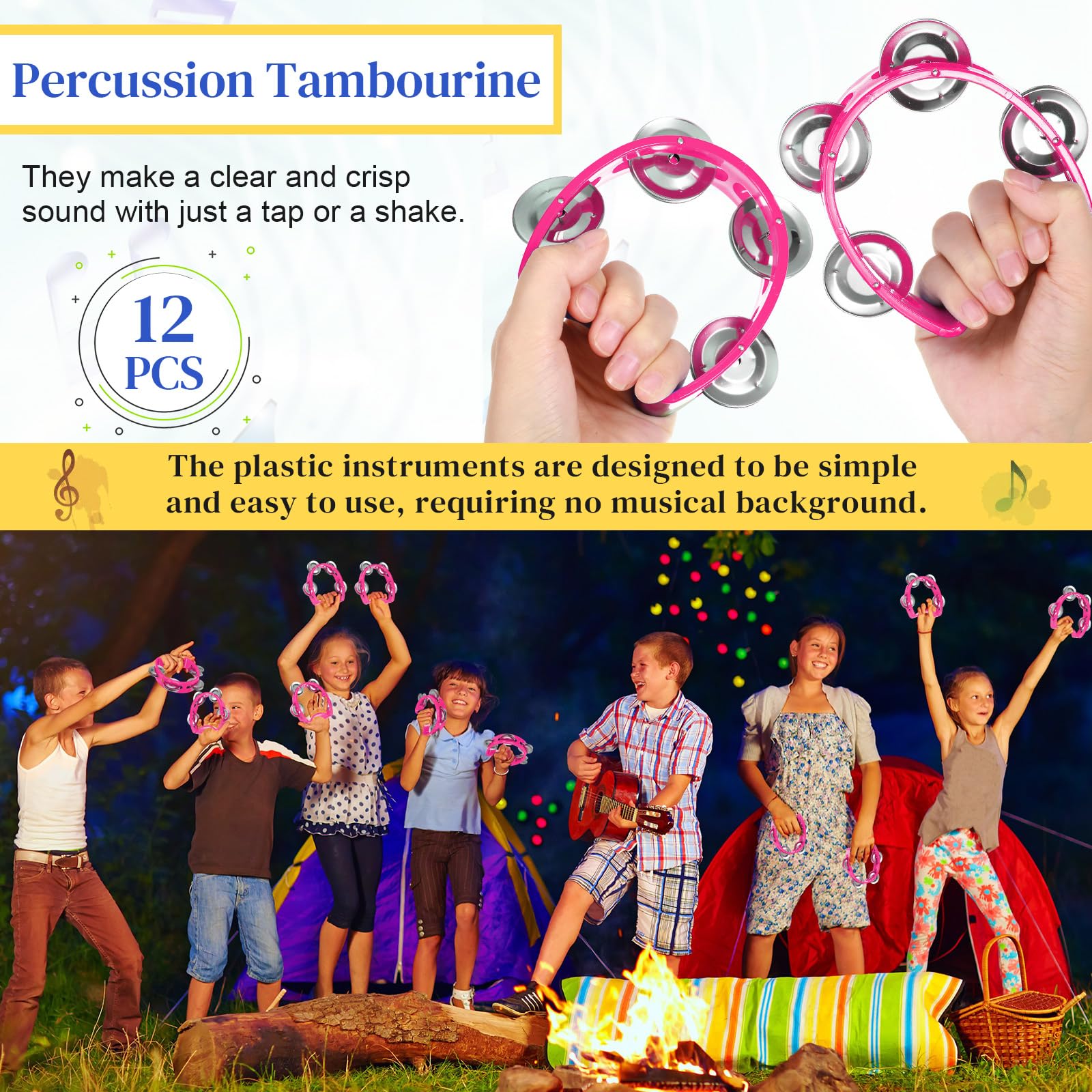 Lukmaa 12 Pcs Tambourine for Kids 4 Bells Handheld Percussion, Pink