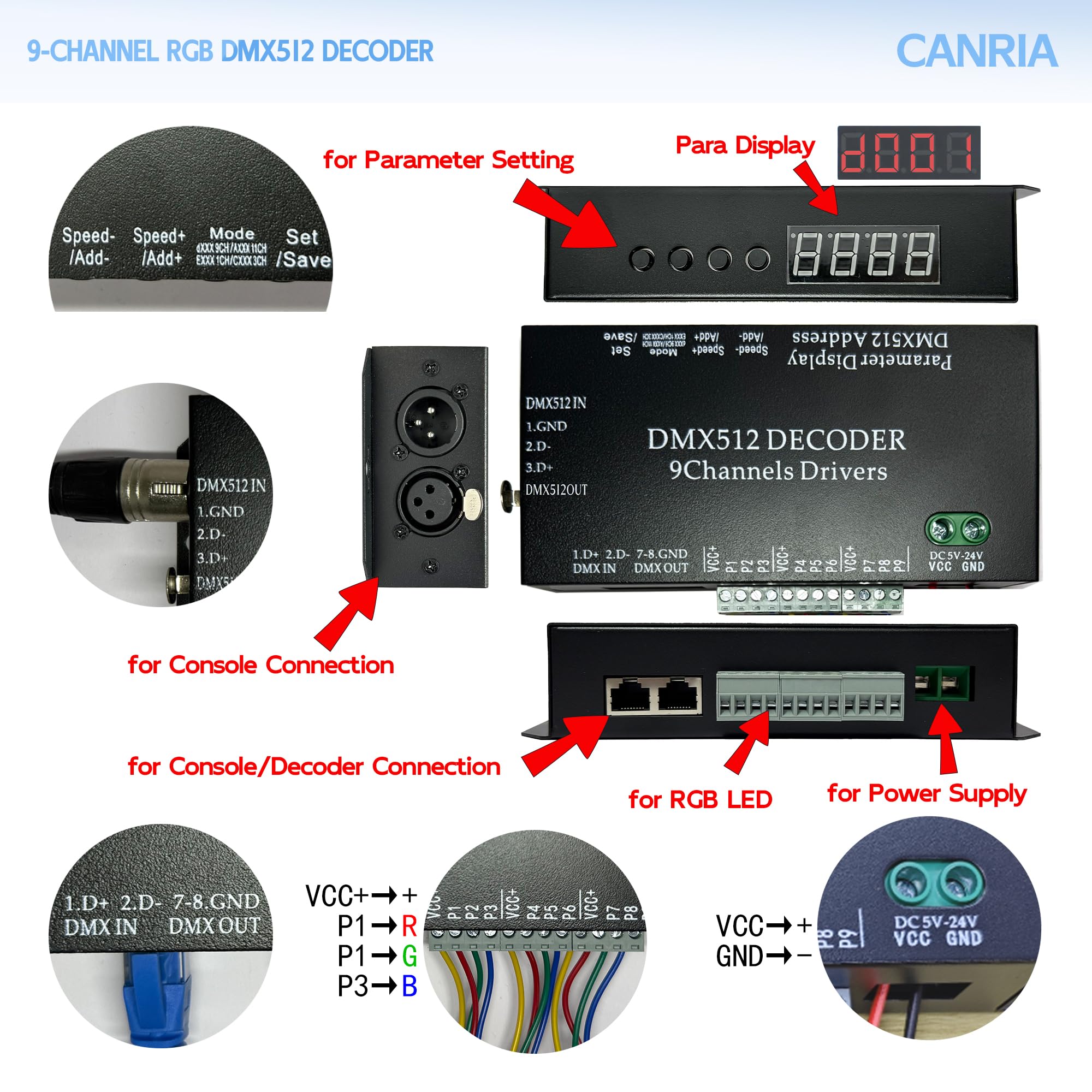 CANRIA 9 Channel DMX512 Decoder LED Controller, DC 5V-24V 5A/CH, RGB RGBW LED Lighting Driver, for Stage/Architectural/Event Lights, 4-Digit Display