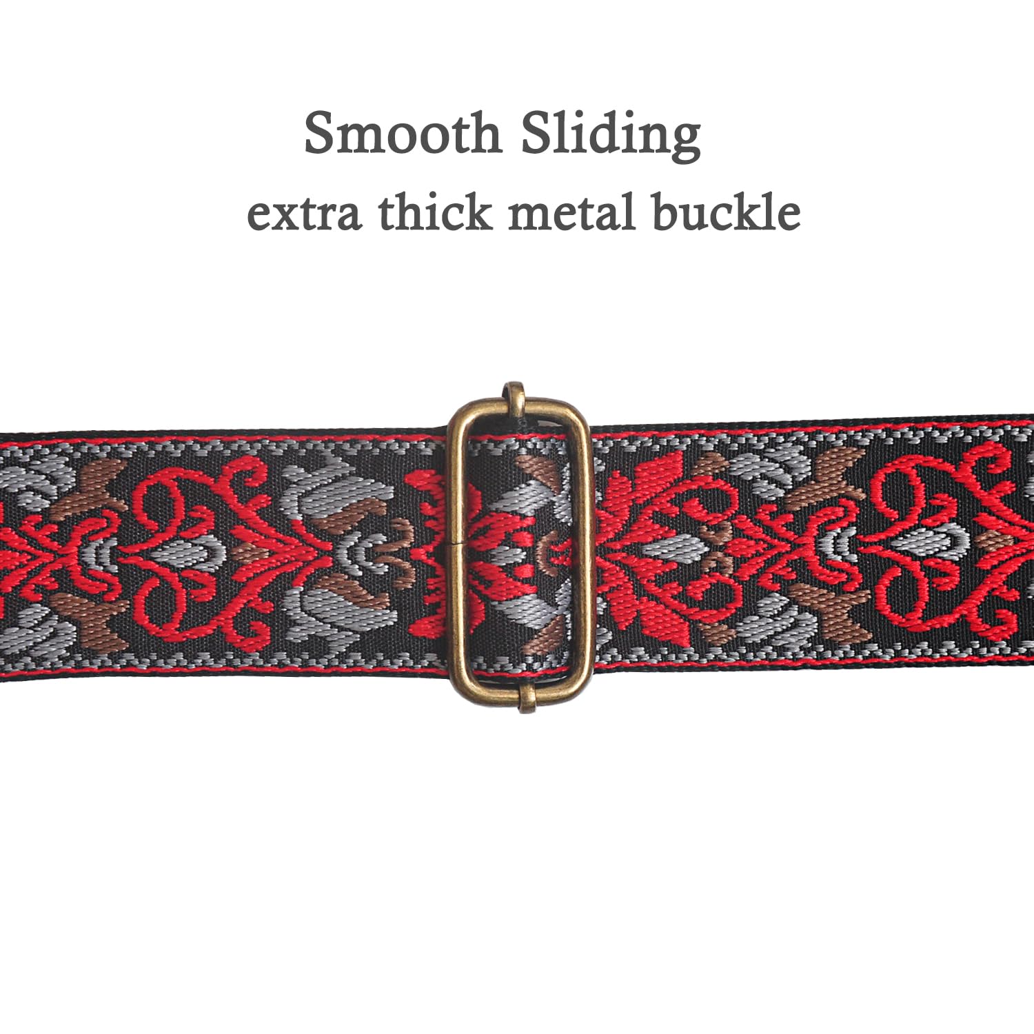Farcaya Guitar Strap Embroidered Weave Flower Adjustable Shoulder Strap with 2Strap Lock Button 3Picks Headstock Strap Tie for Acoustic Electric Bass(Red+Grey)