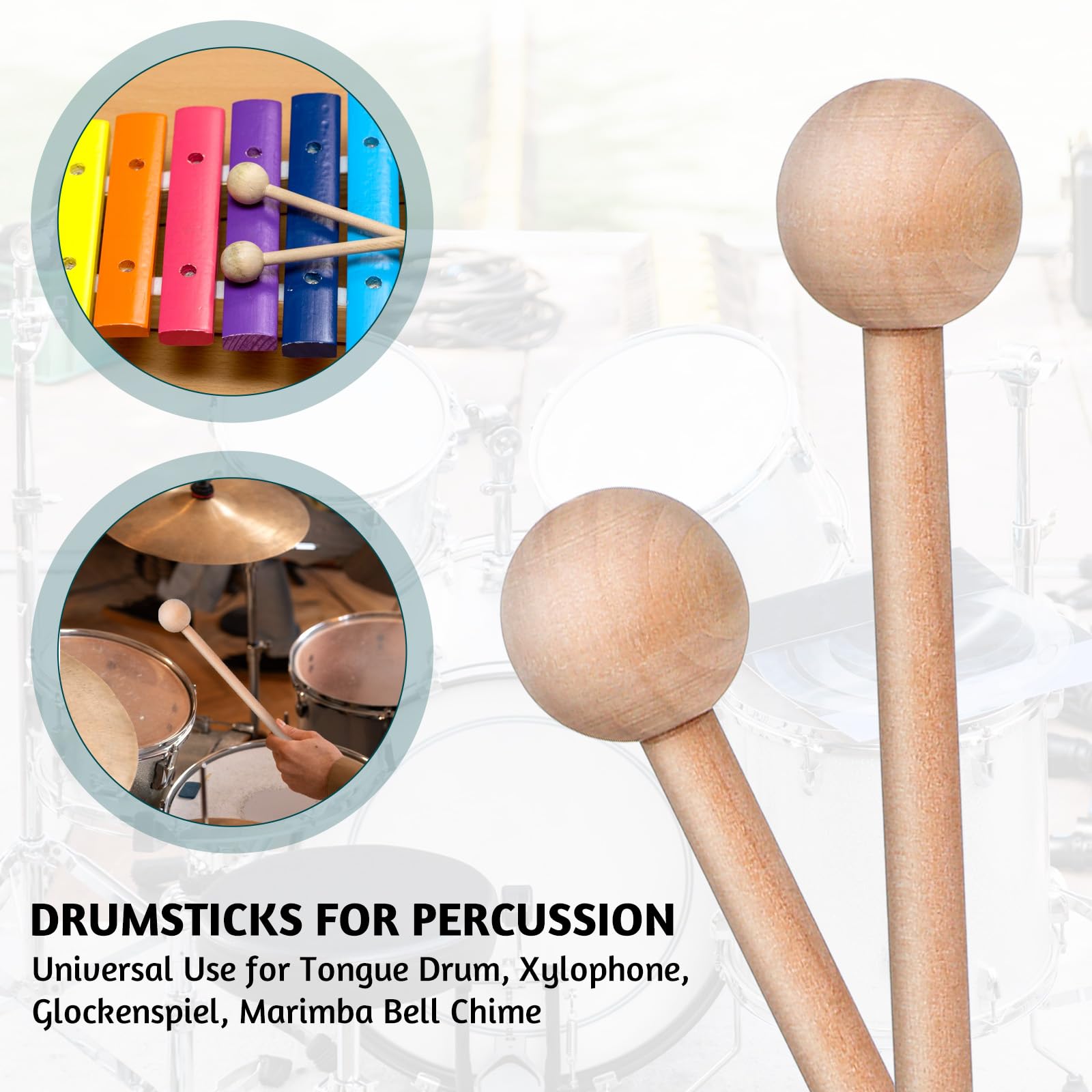 2 Pcs Wood Percussion Sticks 8” Wood Rhythm Sticks Mallets Percussion Stick Xylophone Mallets Glockenspiel Mallet with Wooden Handle Rhythm Stick for Chime Glockenspiel Bells