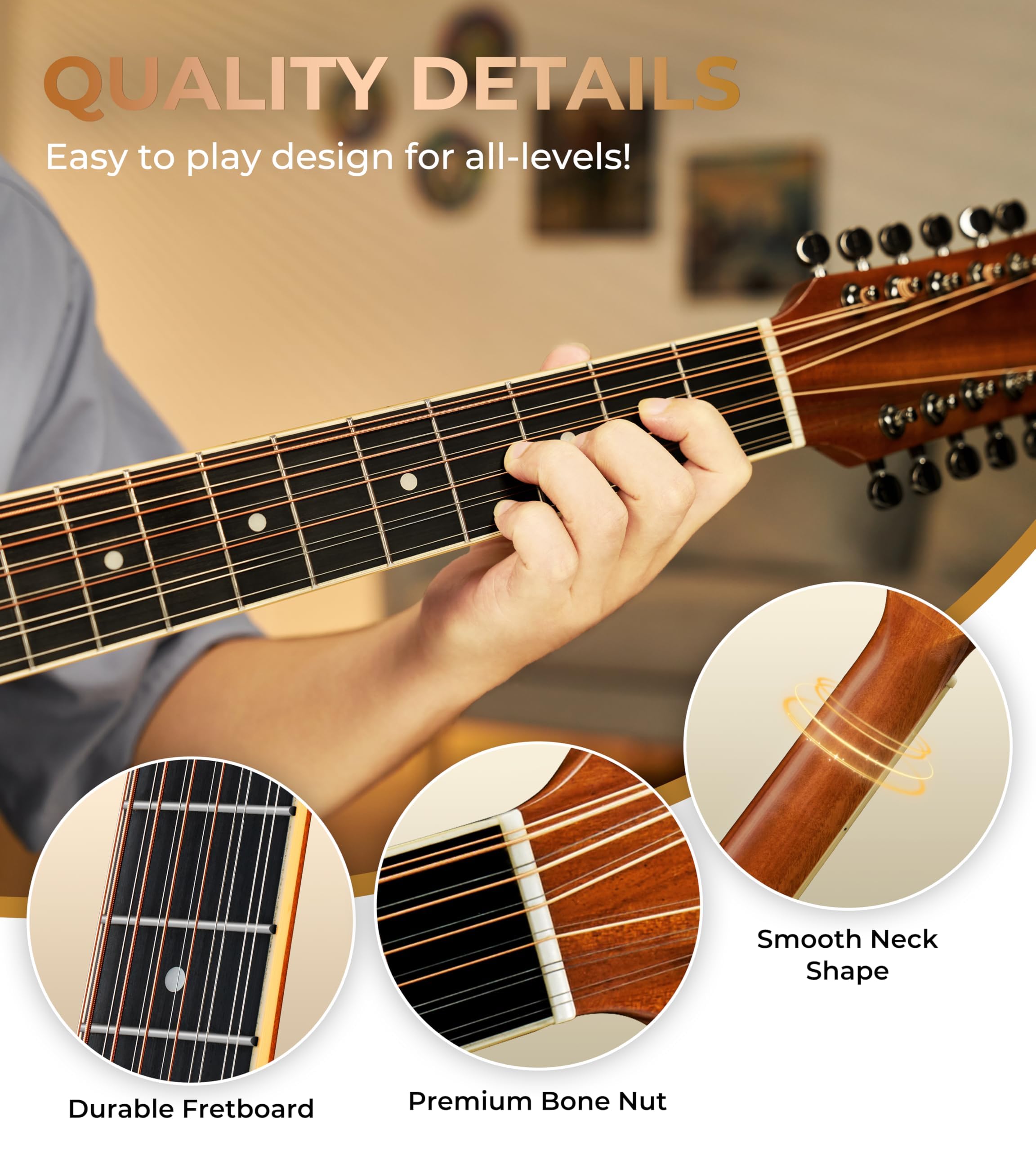 Vangoa 12 String Guitar Acoustic Electric, Upgraded Guitar 12 Strings Bundle for Beginner Intermediate Adults Teens, Guitarra de 12 Cuerdas, Sapele Body Bone Nut, Brown Glossy