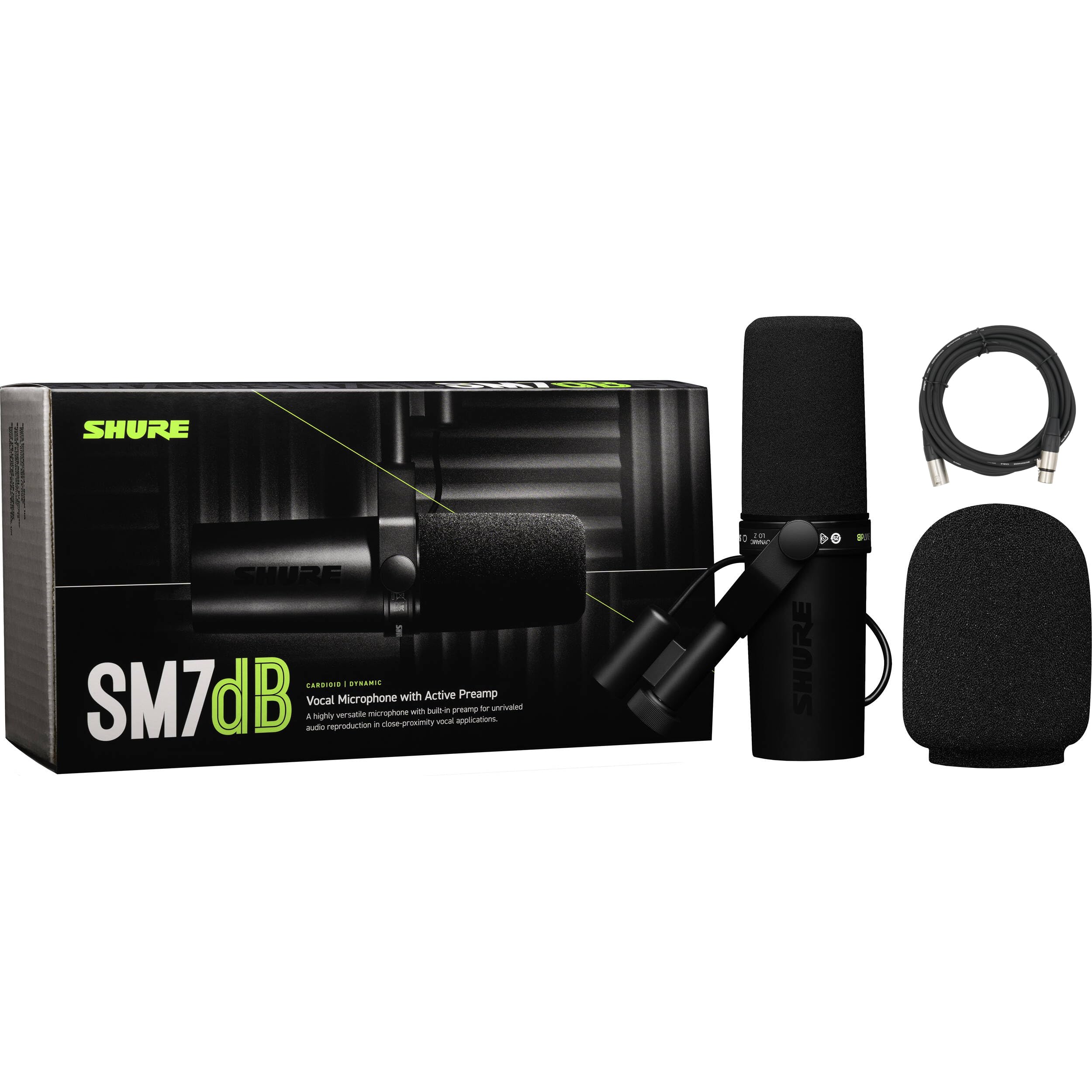 Shure SM7dB Dynamic Vocal Microphone w/Built-in Preamp for Streaming, Podcast, & Recording with Detachable Windscreen and 20ft XLR Cable