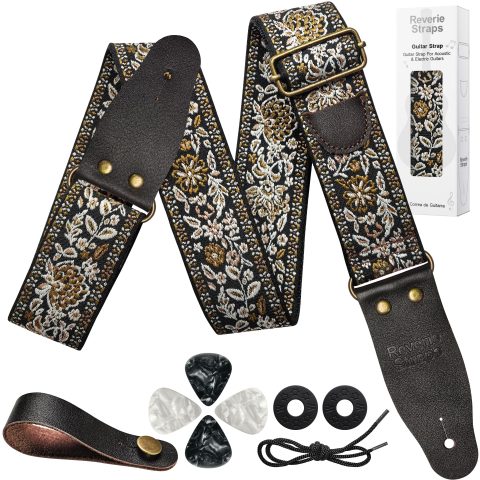 72 Inch Guitar Strap, Vintage Brown Floral Jacquard Woven Adjustable Strap with Premium Genuine Cowhide Leather Ends, Strap Locks & Picks for Acoustic Electric Bass (Vintage brown jacquard)