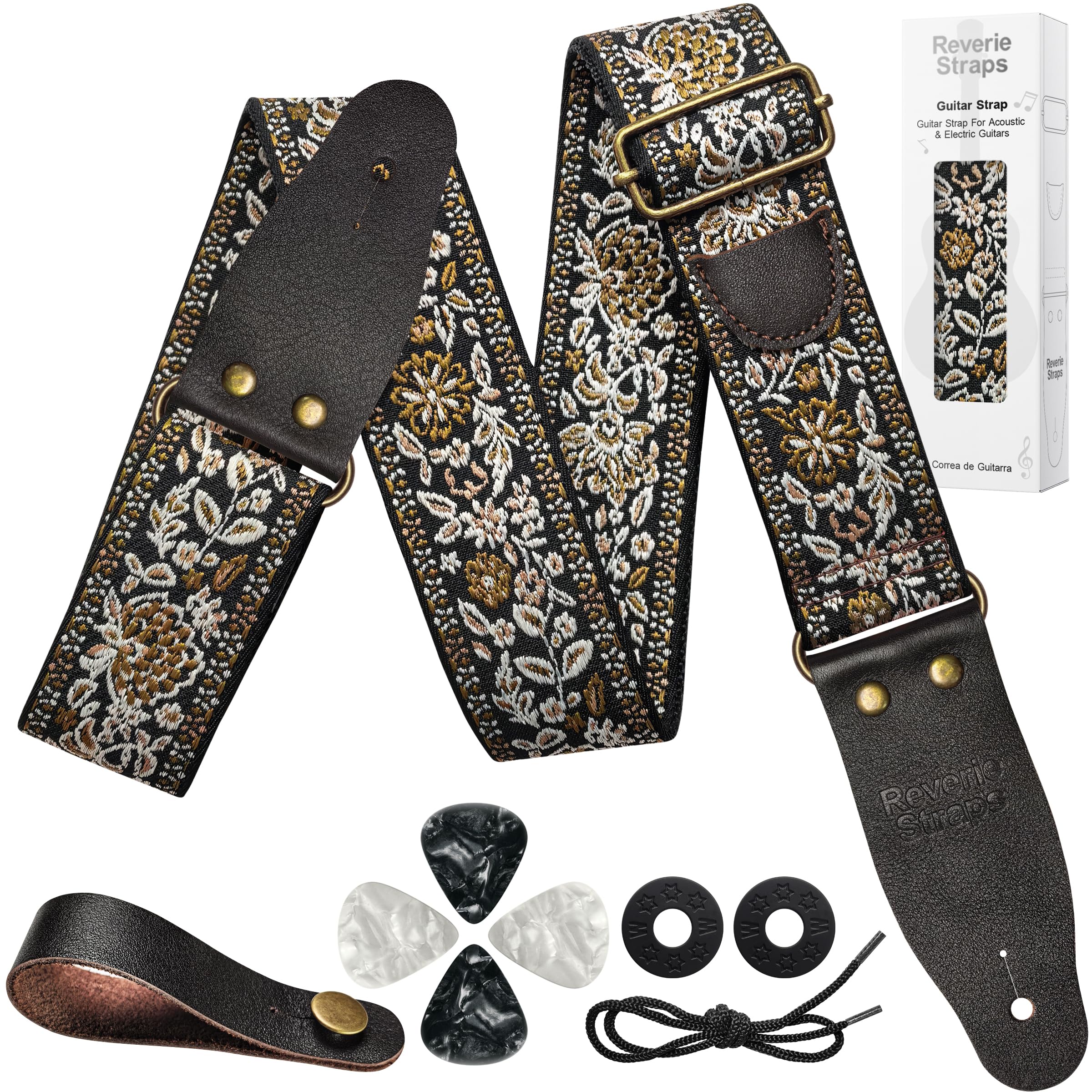 72 Inch Guitar Strap, Vintage Brown Floral Jacquard Woven Adjustable Strap with Premium Genuine Cowhide Leather Ends, Strap Locks & Picks for Acoustic Electric Bass (Vintage brown jacquard)