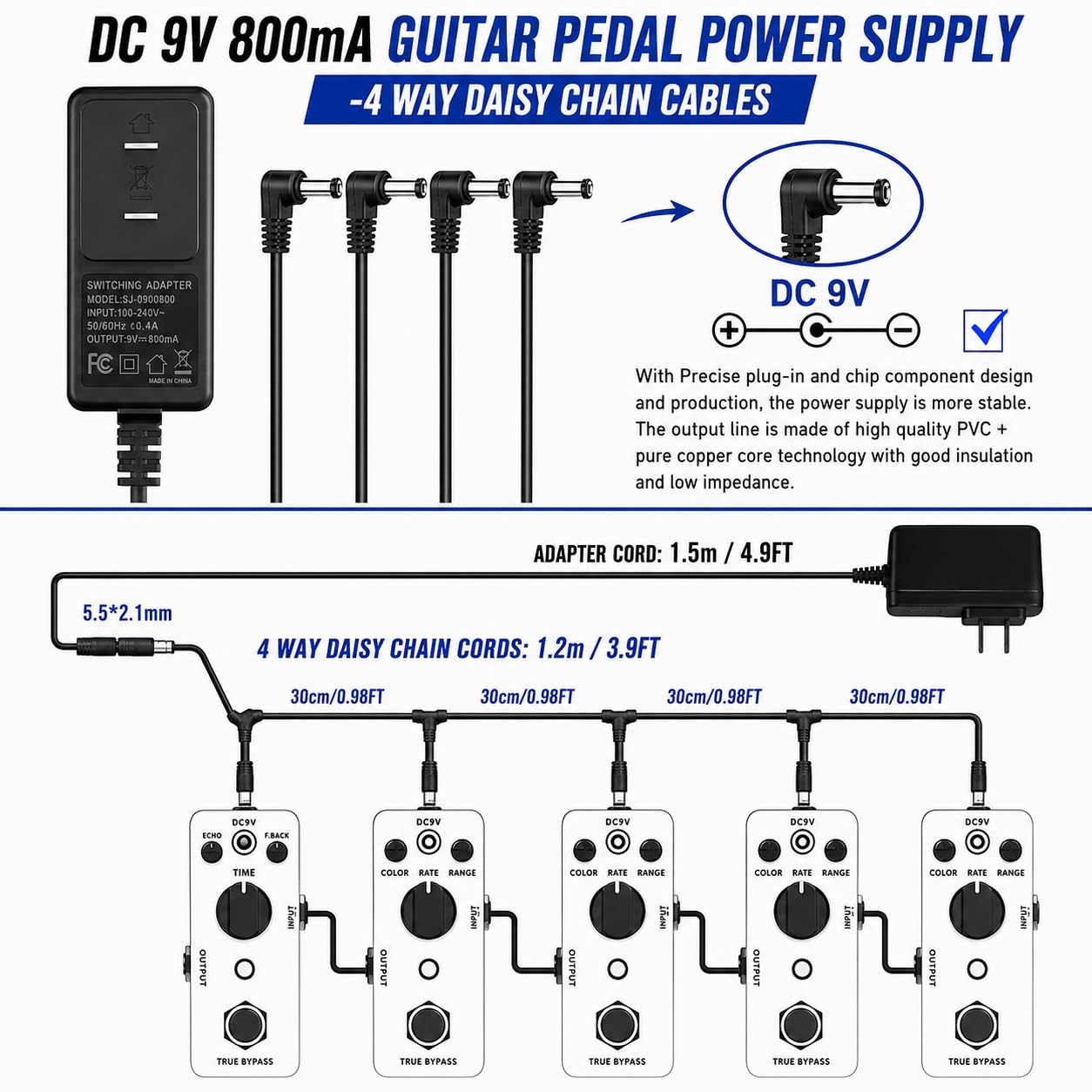AITONE 9V DC Guitar Pedal Power Supply, 800mA Center-Negative Adapter with 4-Way Daisy Chain, 5.5 x 2.1mm Plug, 100-240V Input for Effects Pedals