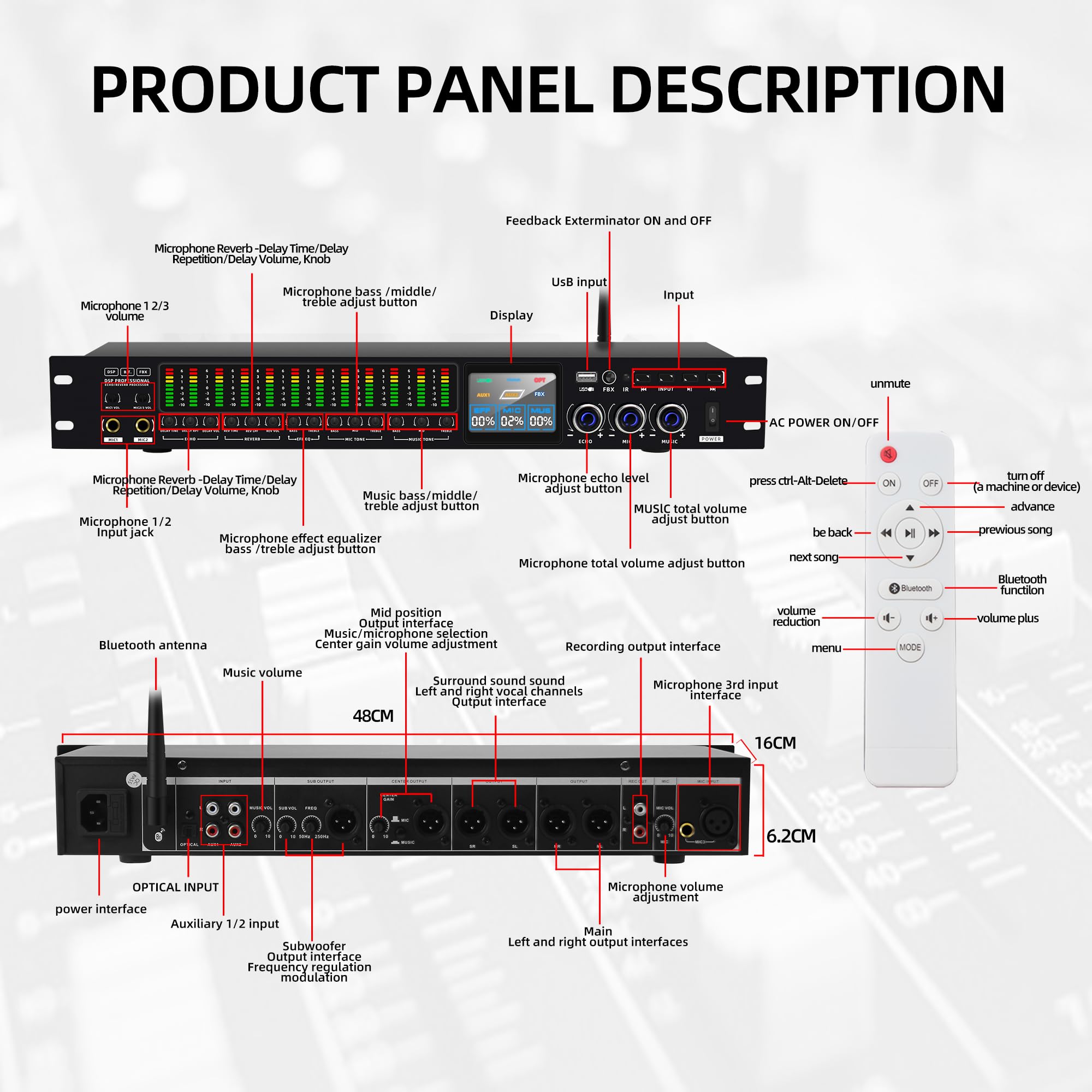 FULODE K-6 Professional KTV Digital pre-stage Effector Anti-howling Audio Processor Karaoke Mixer Reverberator with DSp effect echo USB MP3 Bluetooth optical.4 microphone input With remote control