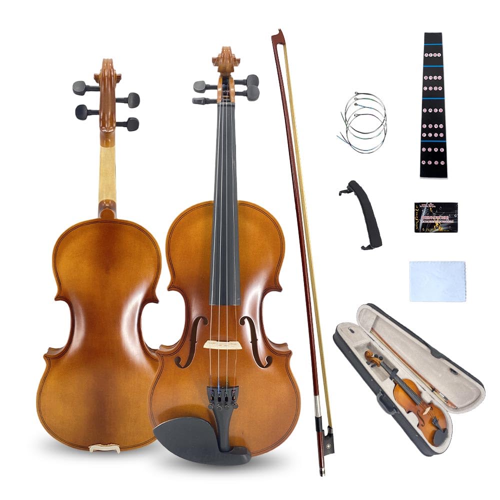 Vetimobato Handmade 4/4 Full Size Violin Set – Solid Flame Maple Back & Sides Spruce Top Ebony Fittings Complete Kit with Case Bow Shoulder Rest Strings for Beginners (Matte Open Box, 4/4)