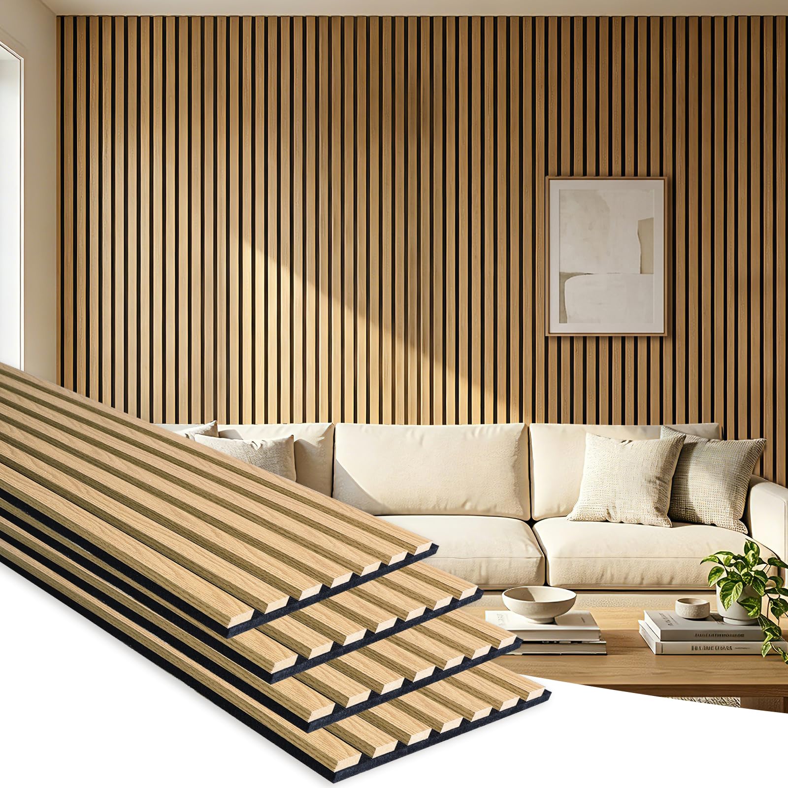 Wood Slat Wall Panels – 4 Pack 93.7″ × 11″ – Acoustic Panels Noise Reduction for Home Office Studio, 3D Fluted Sound Dampening Absorbing Panels, Oak