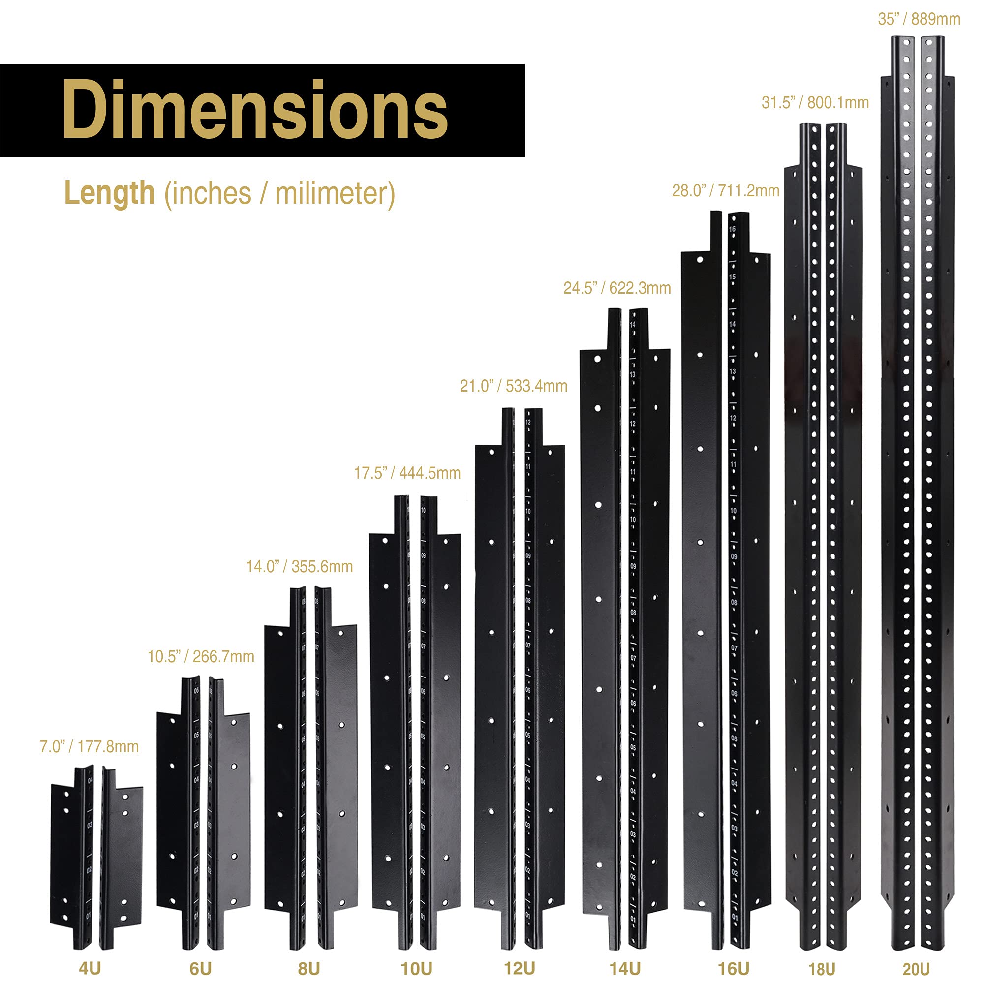 Sound Town 4-Pack 12U Steel Rack Rails, with Black Powder Coated Finish and Screws (ST-RR-12UX2)