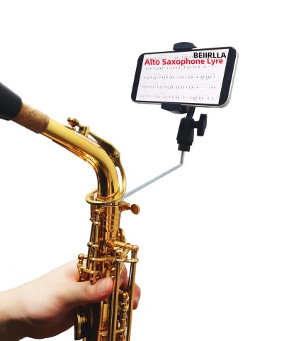Saxophone Lyre,Adjustable 360° Rotation Professional for Alto,Tenor & Bari Sax Lyre,Marching Band Phone Holder,fit 4 x 4mm Square Socket,Compatible with Smartphones 2.57-3.55in Width with Storage Bag