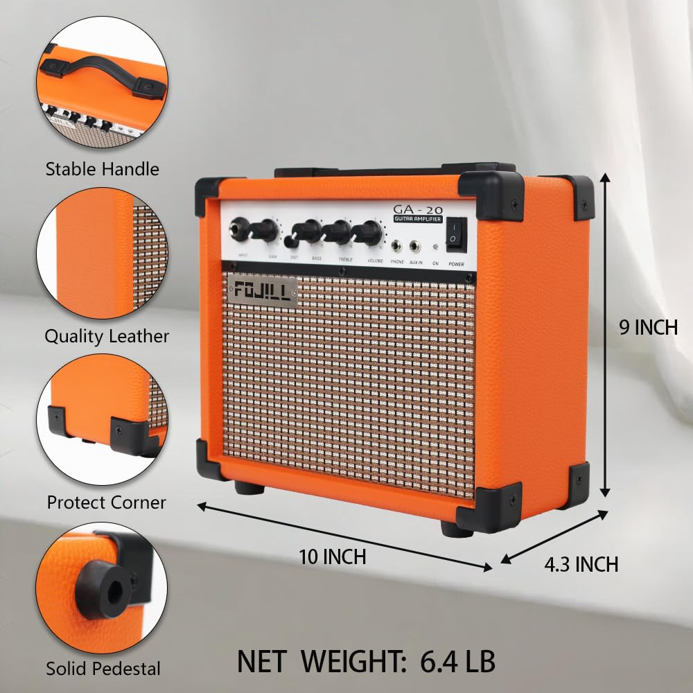 Fojill 20W Watt Electric Guitar Amplifier Amp Practice Small Portable Travel Mini Amp with 3.5 Headphone Jack Aux Distortion Gain Treble Bass Volume (Orange, 20W)