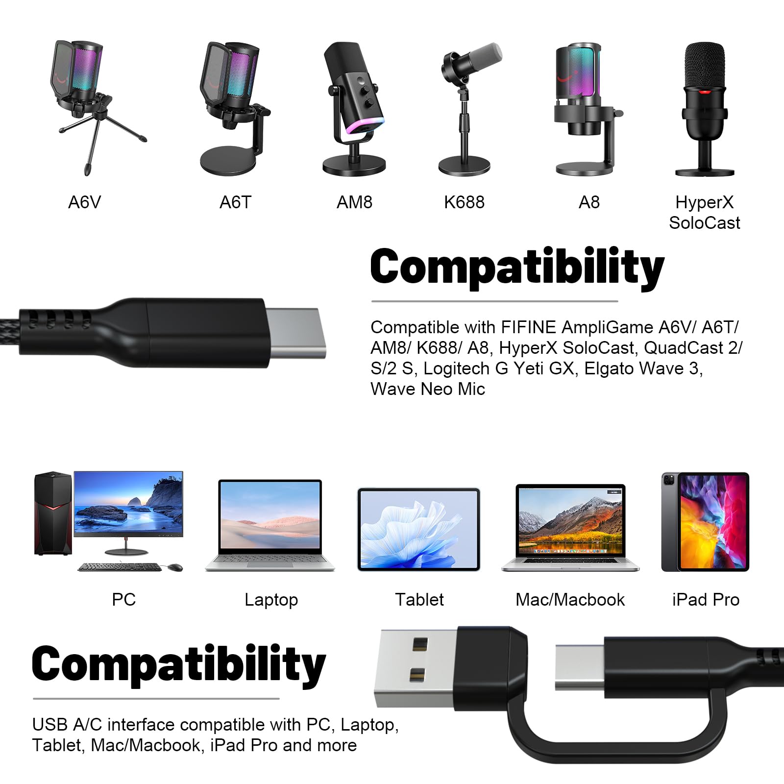USB A/C to Type C Microphone Cable Cord Compatible with Fifine AmpliGame A6V/ A6T/ AM8/ K688/ A8, HyperX SoloCast, QuadCast 2/S/2 S, Logitech G Yeti GX, TONOR TC30, Elgato Wave 3, Wave Neo Mic (10FT)