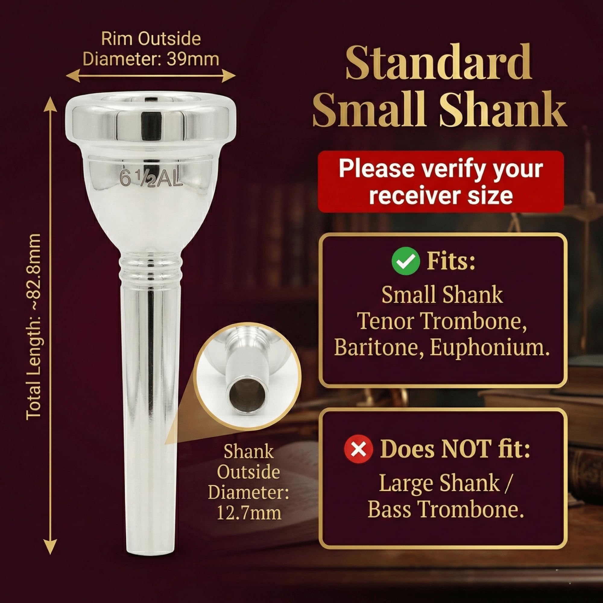 MoResolune 6 1/2 AL Trombone Mouthpiece, Silver Plated Small Shank