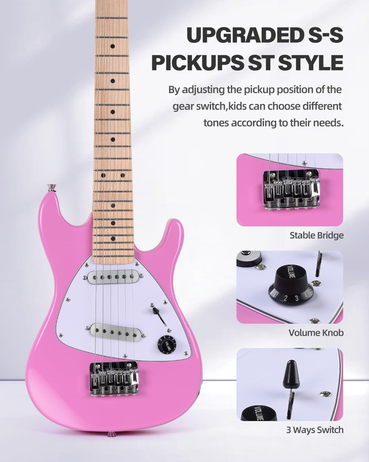Winzz 30 Inch Kids Electric Guitar Beginner Kit, Junior 1/4 Size Mini Electric Guitar for Children Complete Stater Set with Amp, Gloosy Pink Colour