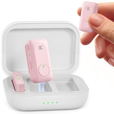 EX Wireless Lavalier Microphone System, Dual Clip-On Mics + Charging Case, 164ft Range Plug-and-Play for iPhone/Android, Advanced Noise Reduction, 48H Runtime-Video Recording, TikTok, YouTube, Pink