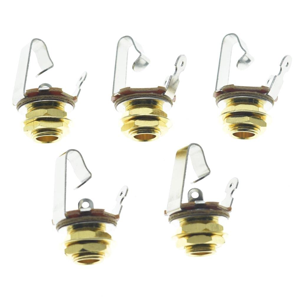 KAISH Gold Premium 5pcs Brass Material Metric Thread Audio 1/4″ Female Guitar/Bass Output/Input Jack 6.35mm TS Mono Panel Mount Jack Socket with Nuts and Washer