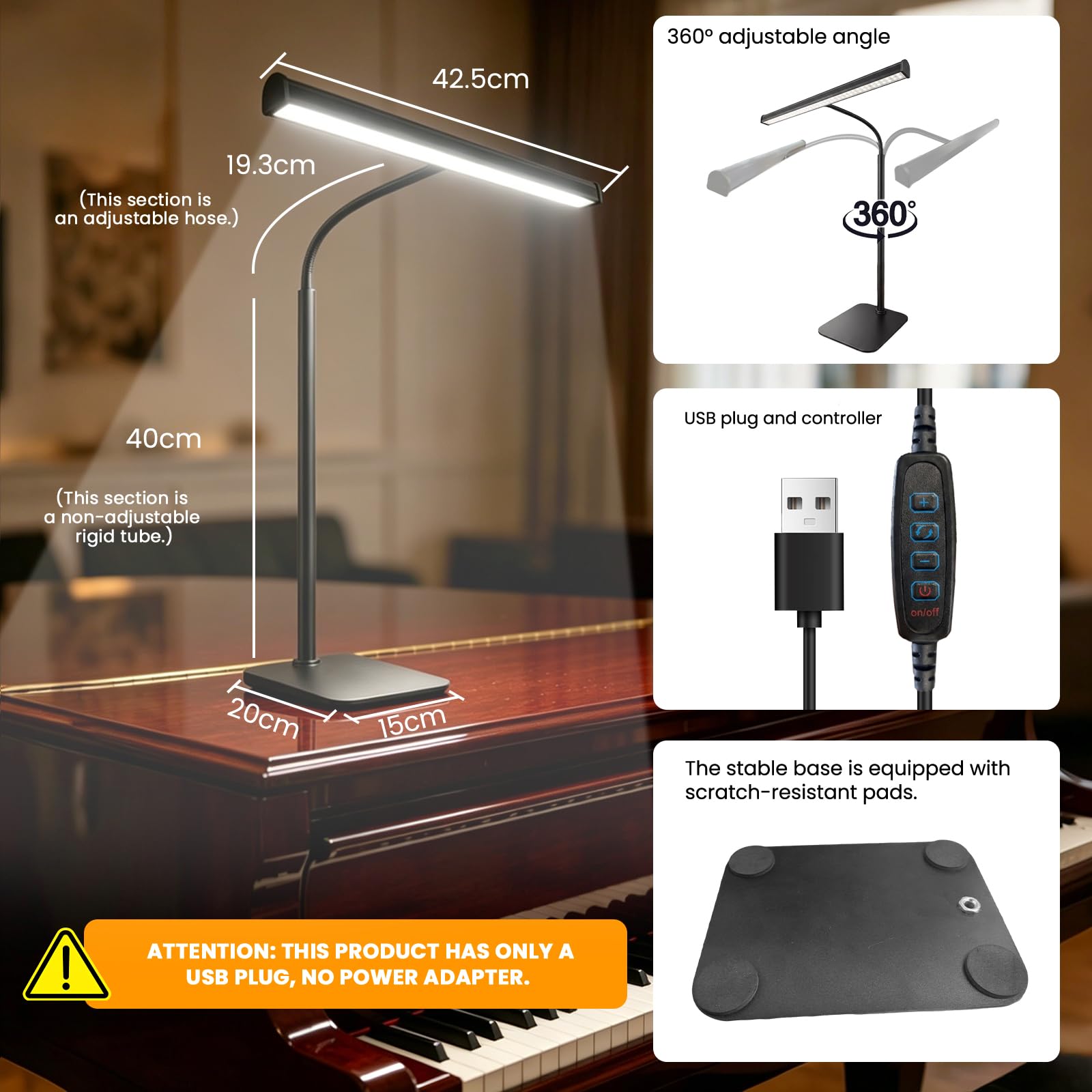 TobeBright Piano Light with Square Base, Piano Lamp with 3 Color Modes and 10 Dimmable Brightness Levels, Adjustable Gooseneck Music Stand Light with USB, for Grand/Upright Pianos, Sheet Music