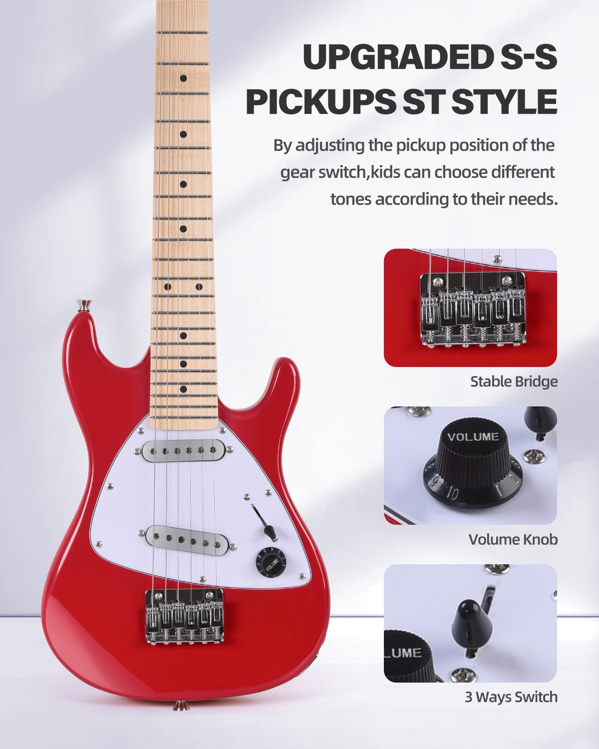Winzz 30 Inch Kids Electric Guitar Beginner Kit, Junior 1/4 Size Mini Electric Guitar for Children Complete Stater Set with Amp, Gloosy Red Colour