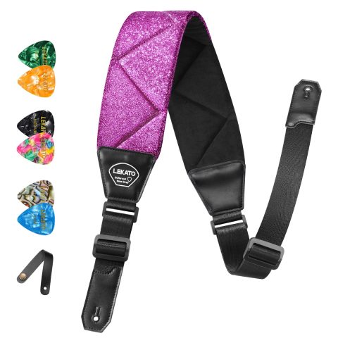 LEKATO Bass Guitar Strap, 3.34″ Wide Padded Sparkle Glitter Guitar Straps for Electric Guitar & Bass, Adjustable Length from 45″ to 55″ Bass Strap with Pick Holder, Purple