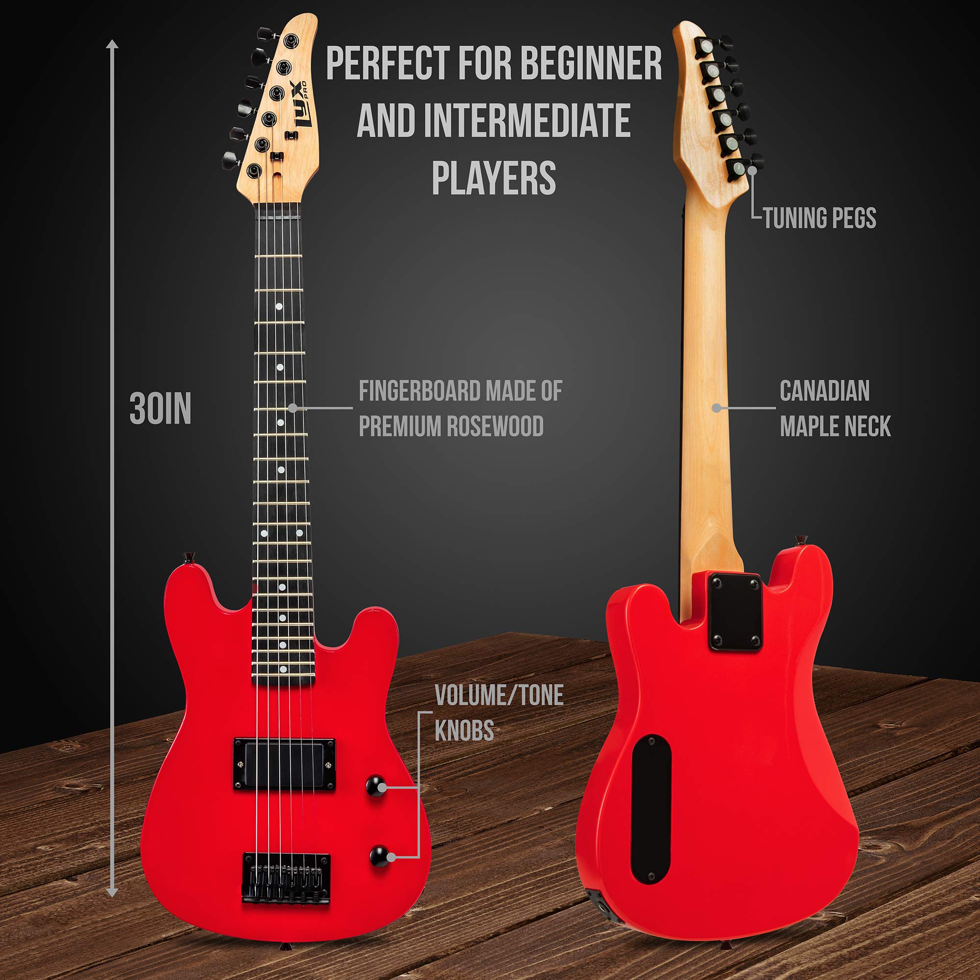LyxPro 30 Inch Electric Guitar and Starter Kit for Kids with 3/4 Size Beginner’s Guitar, Amp, Six Strings, Two Picks, Shoulder Strap, Digital Clip On Tuner, Guitar Cable and Soft Case Gig Bag – Red